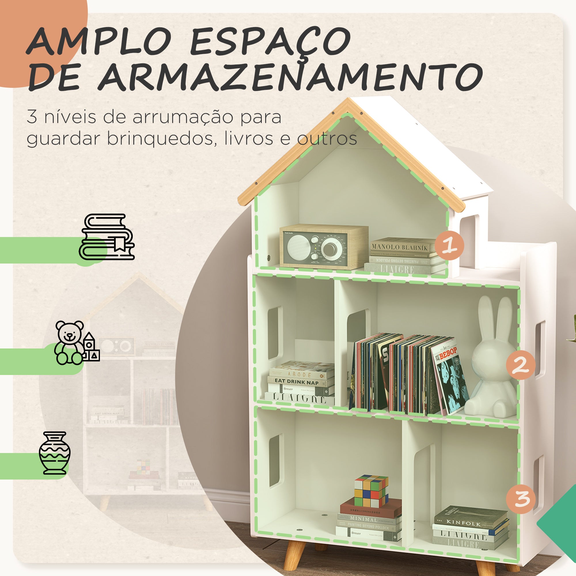 Estante Infantil Organizador de Brinquedos 3 Níveis 65x25x108,5 cm Branco