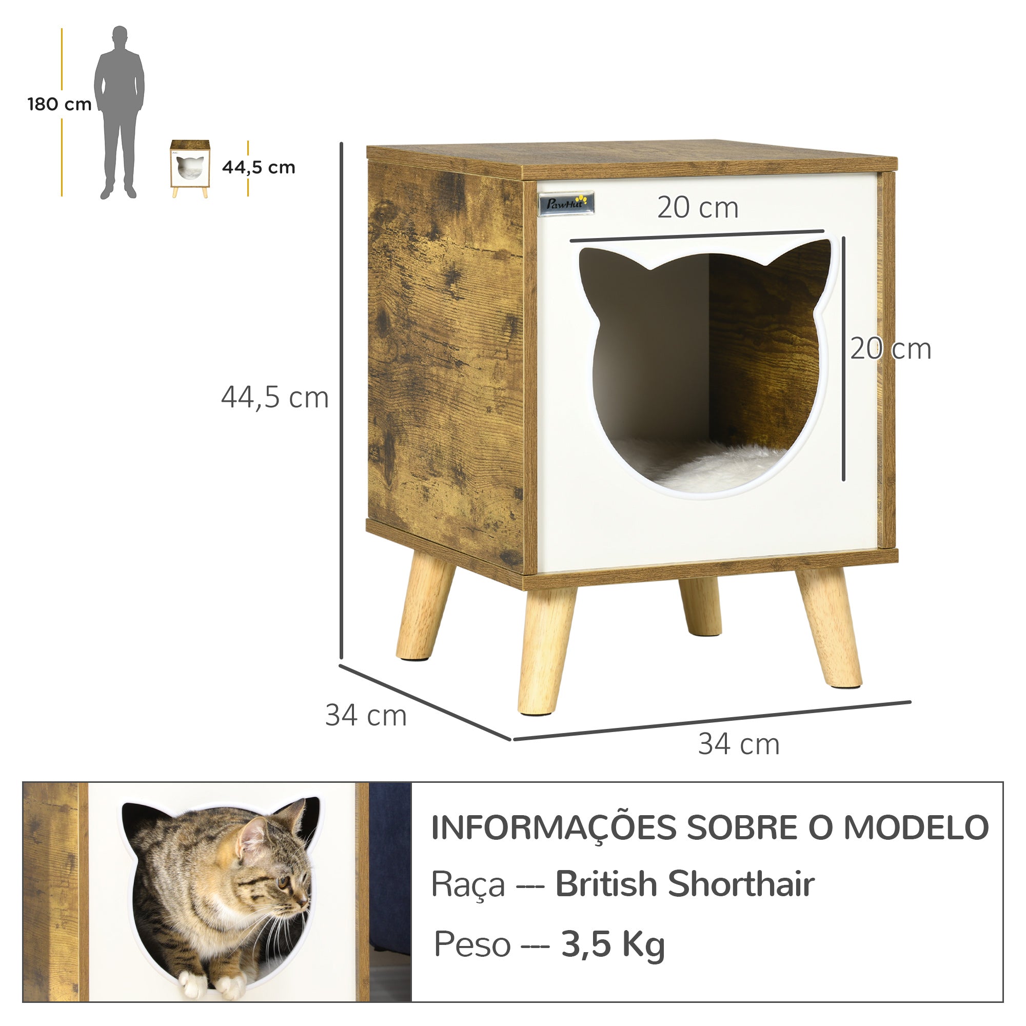 Casa de Madeira para Gatos – 34x34x44,5 cm – Castanho Rústico – MDF, melamina, madeira de pinho, pelúcia