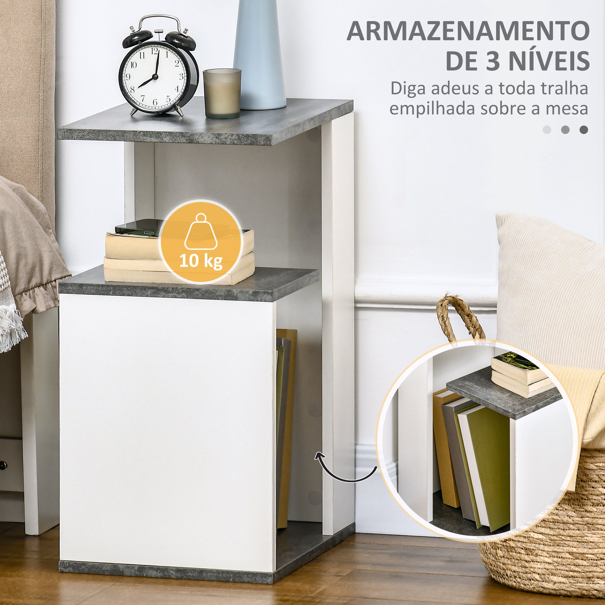 Mesa Auxiliar Moderna – 35x29,5x60cm – Cinza e Branco – Aglomerado Laminado