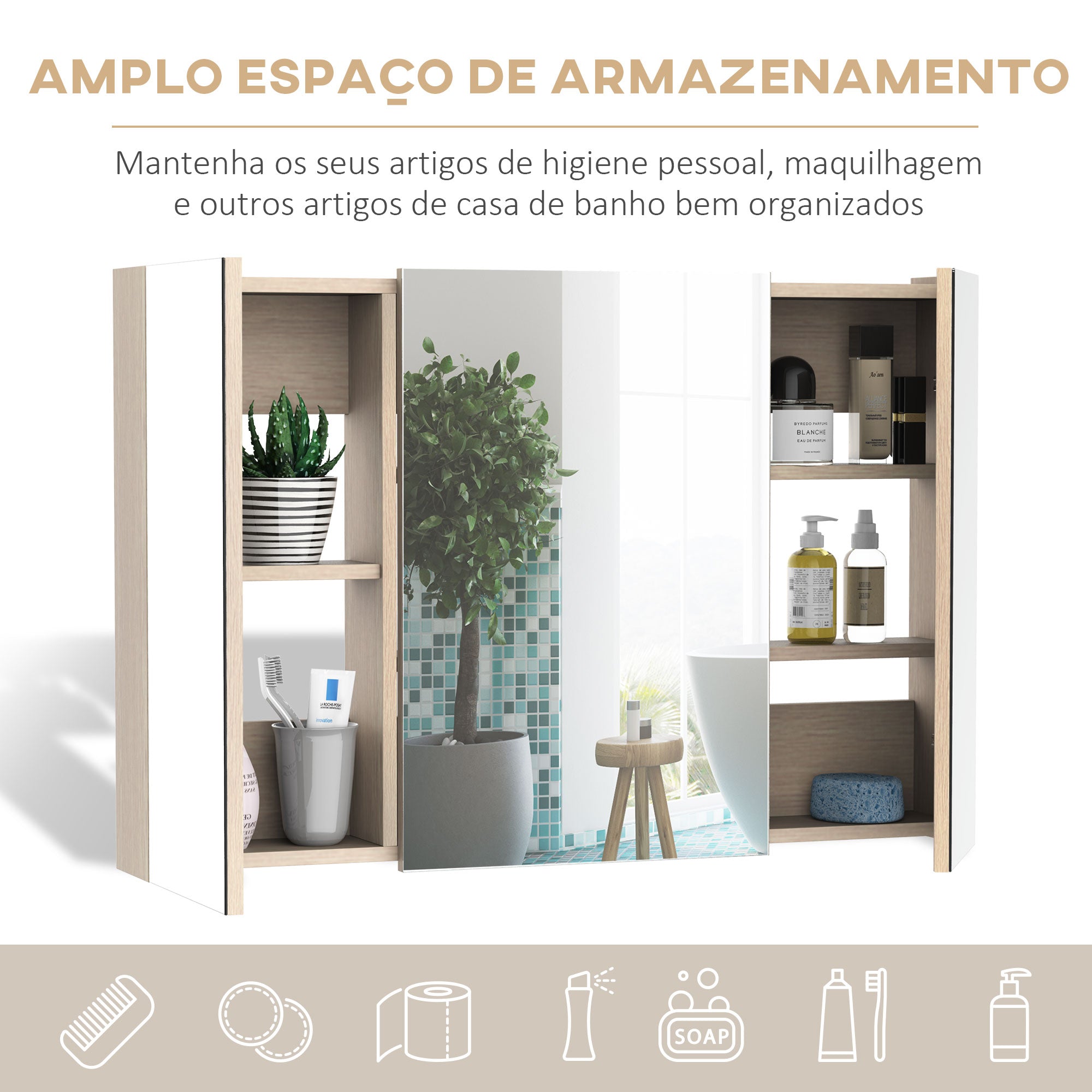 Armário Casa de Banho com Espelho 90x60x13,5 cm - Cor de Carvalho