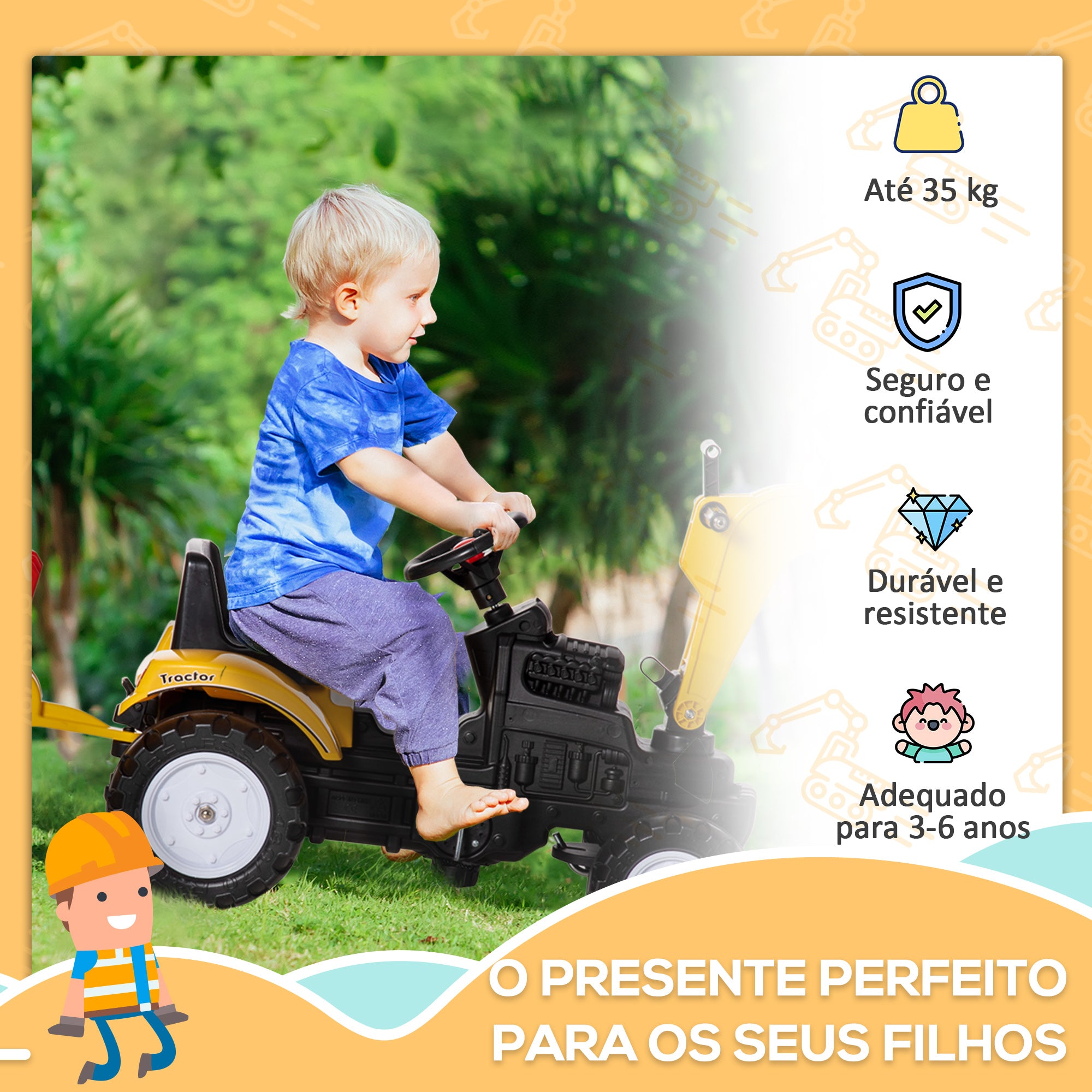 Tractor a Pedal para Crianças 3-6 Anos Amarelo 163x42x71 cm
