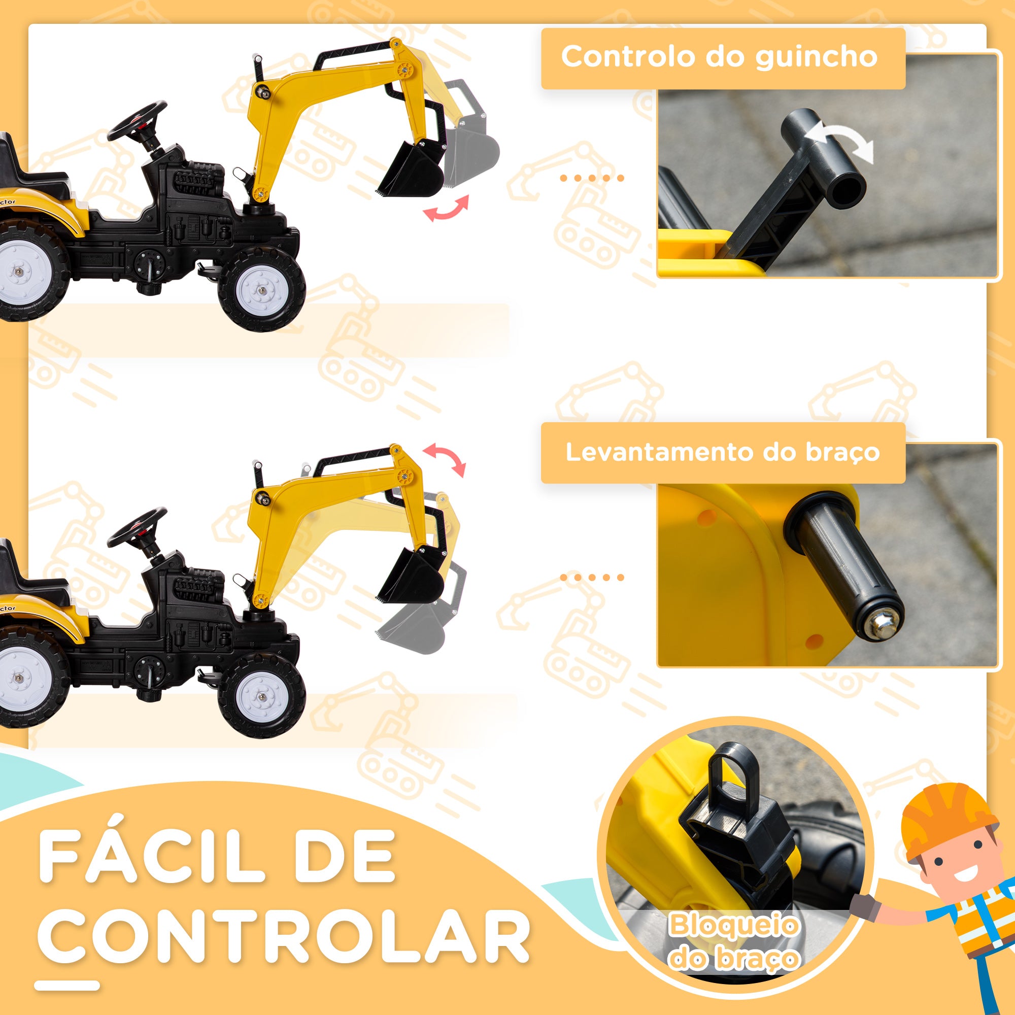 Tractor a Pedal para Crianças 3-6 Anos Amarelo 163x42x71 cm