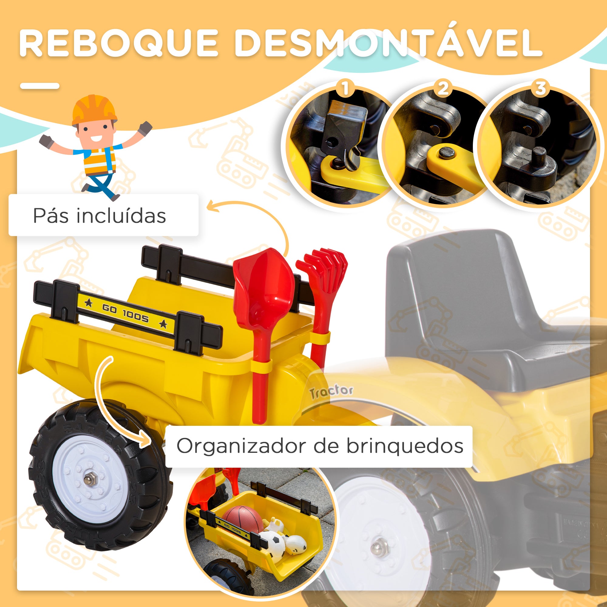 Tractor a Pedal para Crianças 3-6 Anos Amarelo 163x42x71 cm