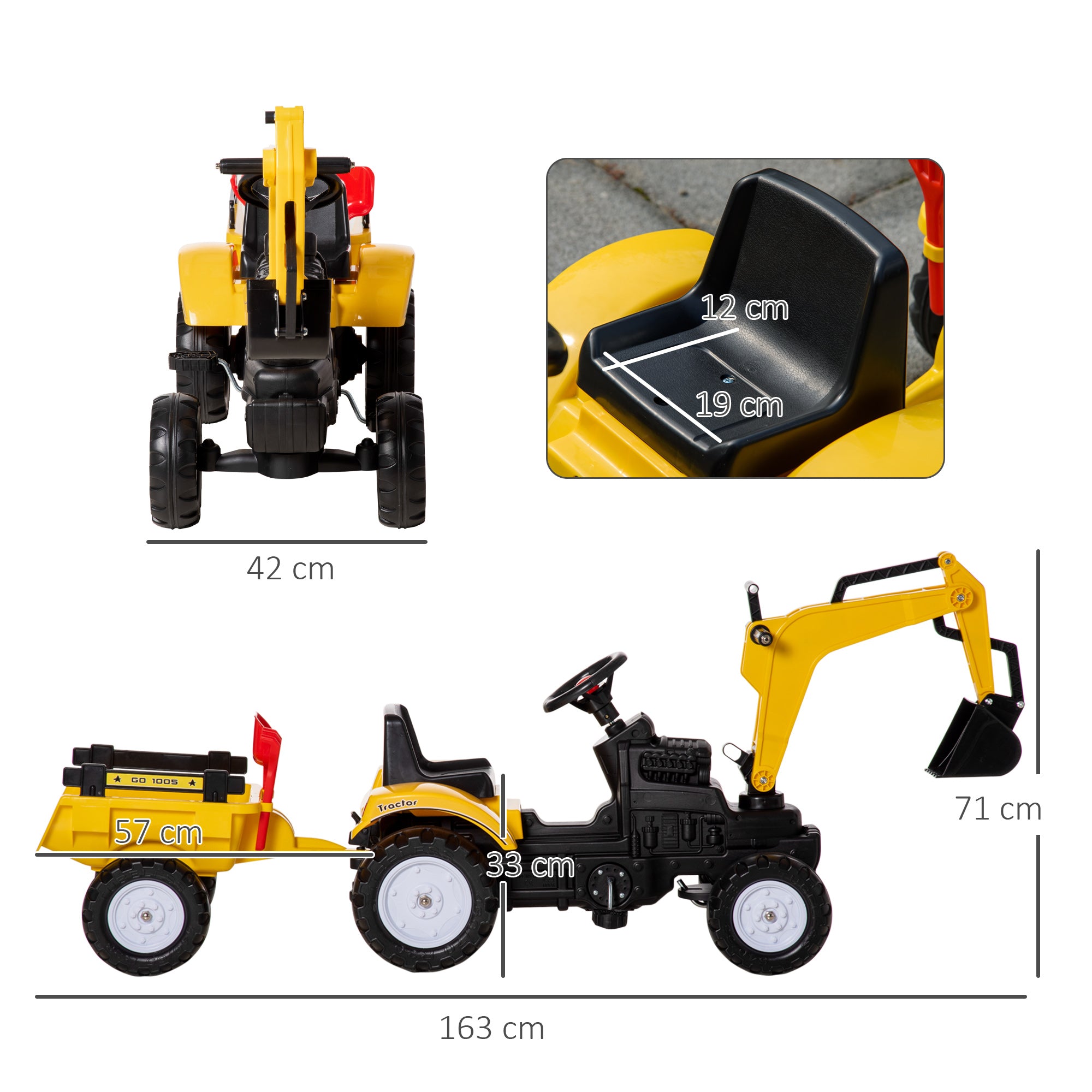 Tractor a Pedal para Crianças 3-6 Anos Amarelo 163x42x71 cm