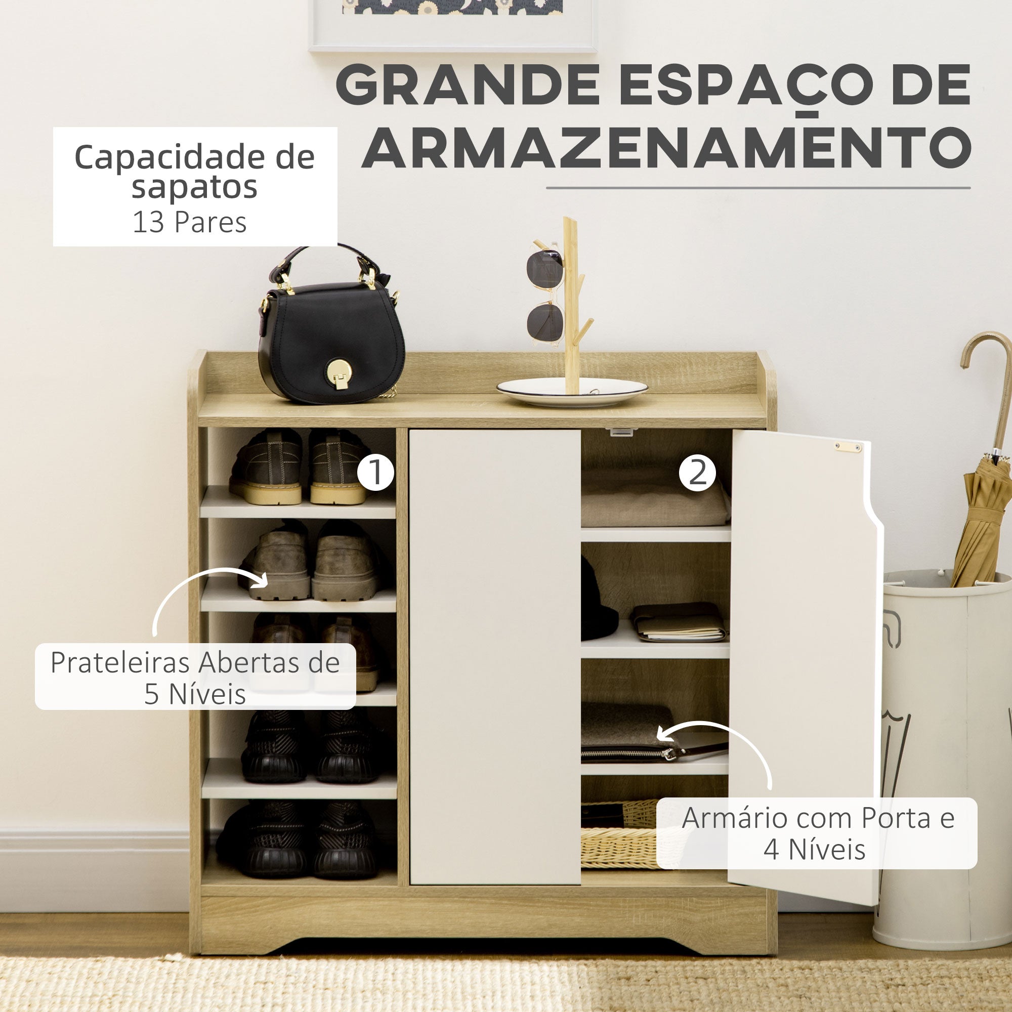 Sapateira Moderna Estreita 80x30x80 cm - Madeira e Branco