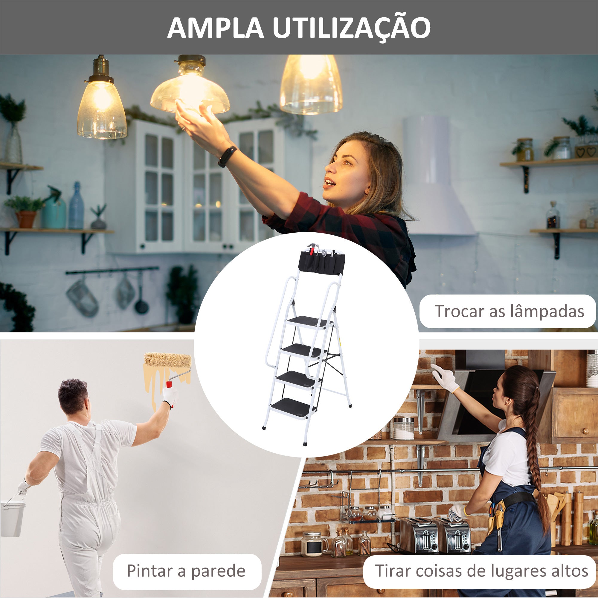 Escada Dobrável com 4 Degraus 50x83x155 cm Branco e Preto