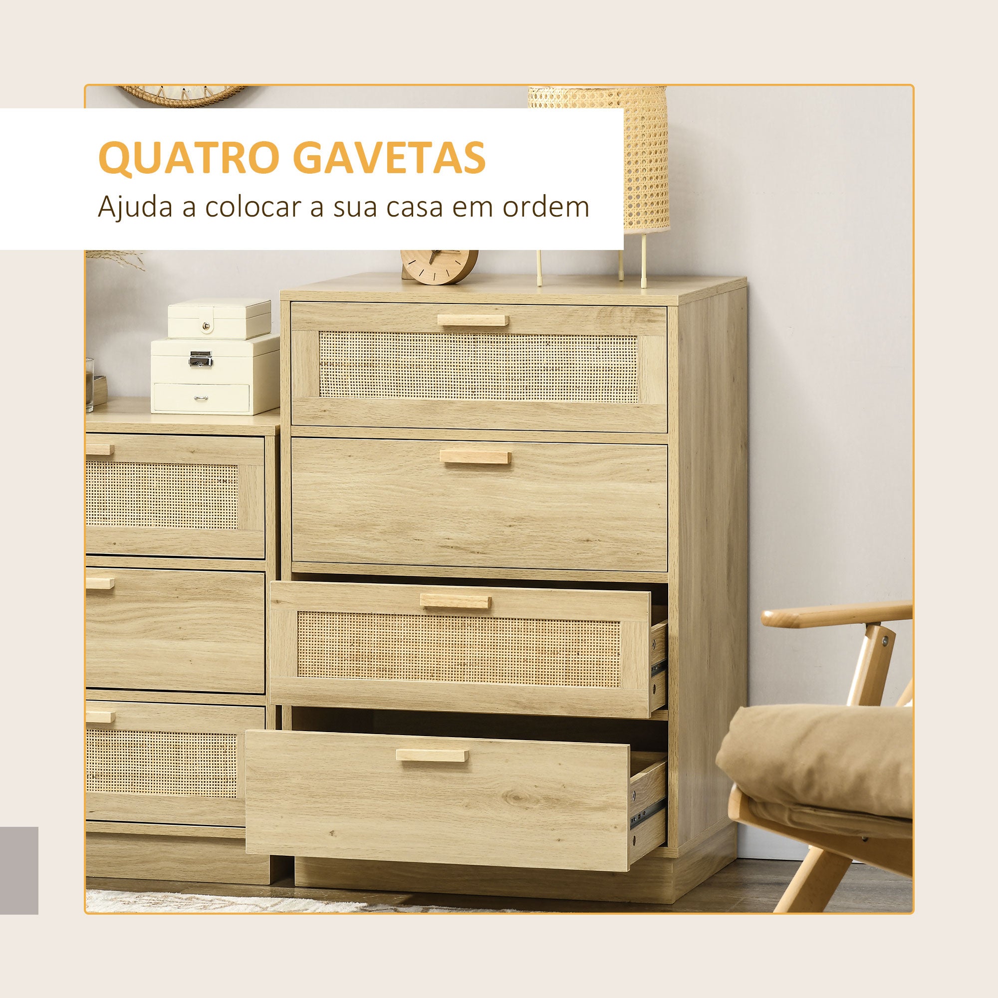 Cómoda de Madeira Natural 60x38x88,5 cm - Estilo Boêmio