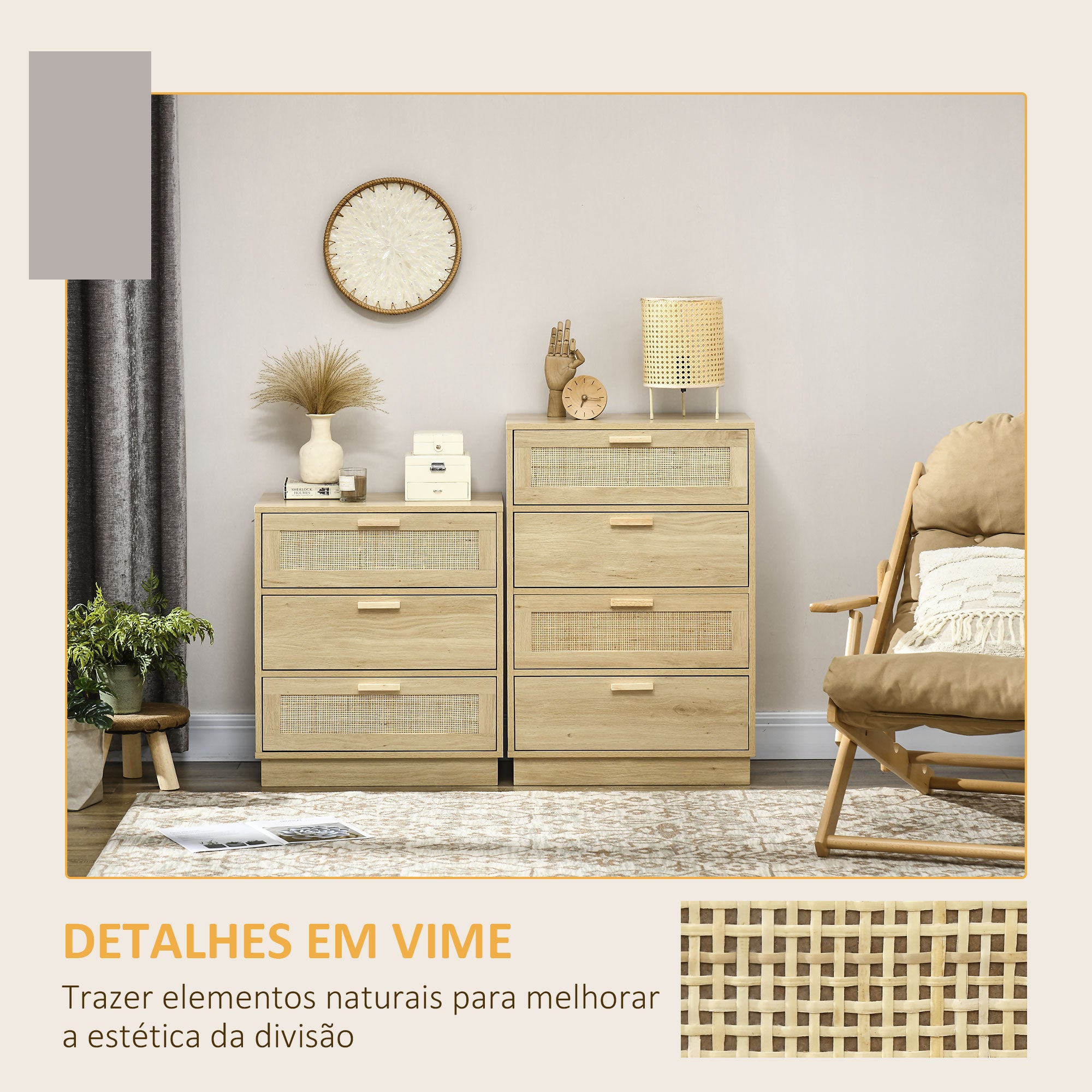 Cómoda de Madeira Natural 60x38x88,5 cm - Estilo Boêmio