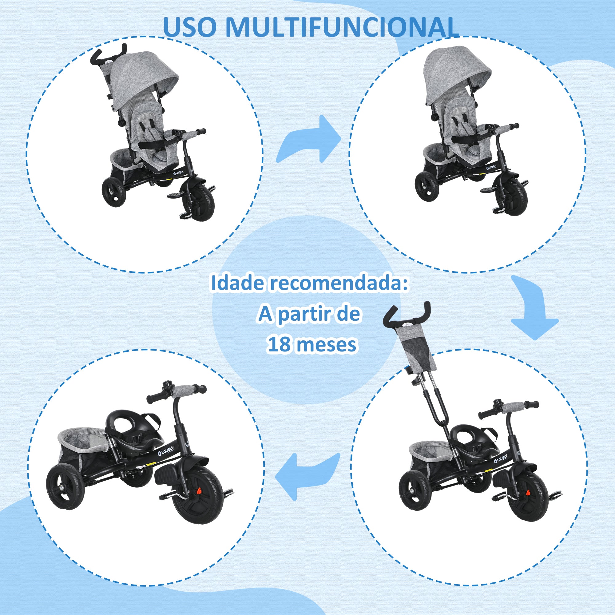Triciclo Evolutivo Infantil 2 em 1 Cinza 102x49x102 cm