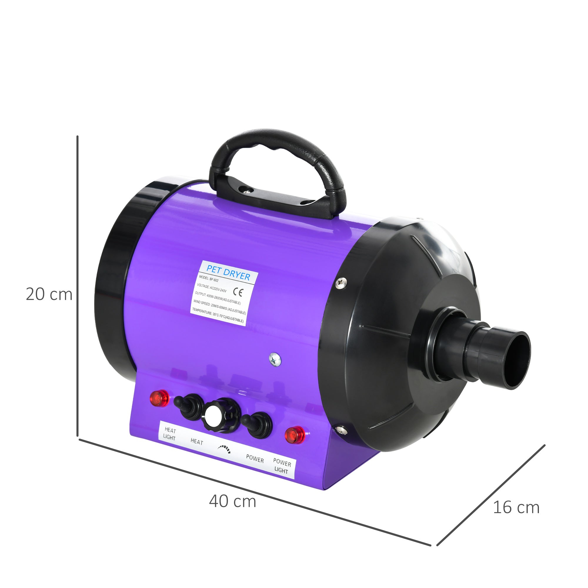 Secador de Pelo para Animais de Estimação Roxo 40x16x20cm - Potente 2800W