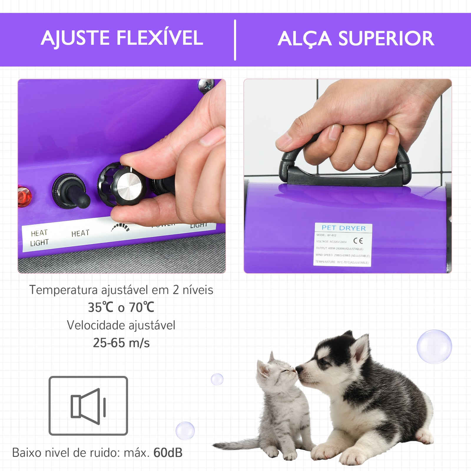 Secador de Pelo para Animais de Estimação Roxo 40x16x20cm - Potente 2800W