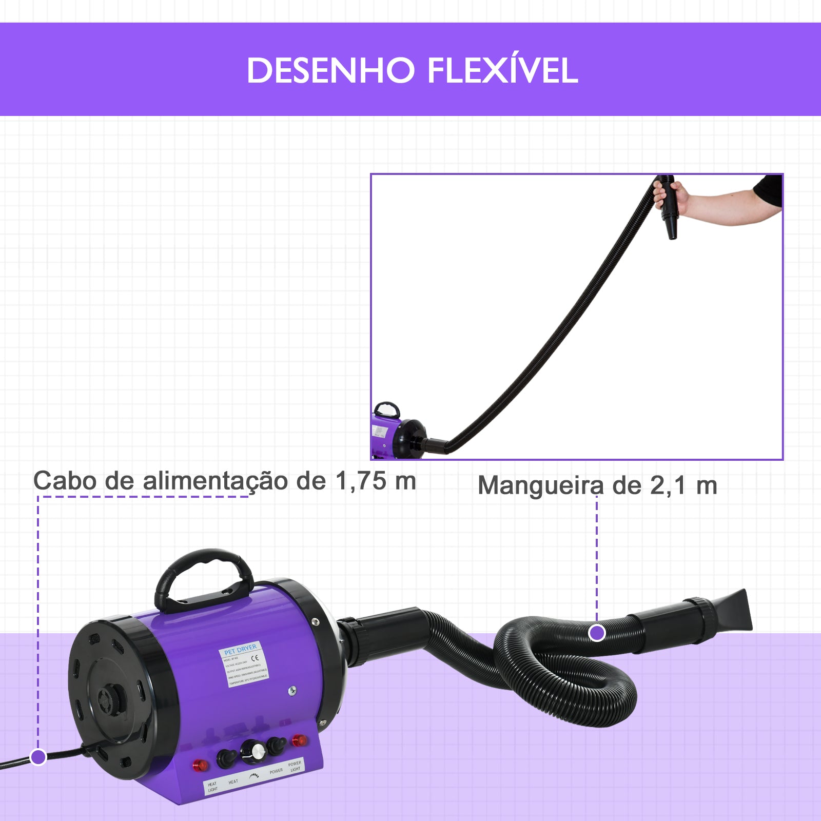 Secador de Pelo para Animais de Estimação Roxo 40x16x20cm - Potente 2800W