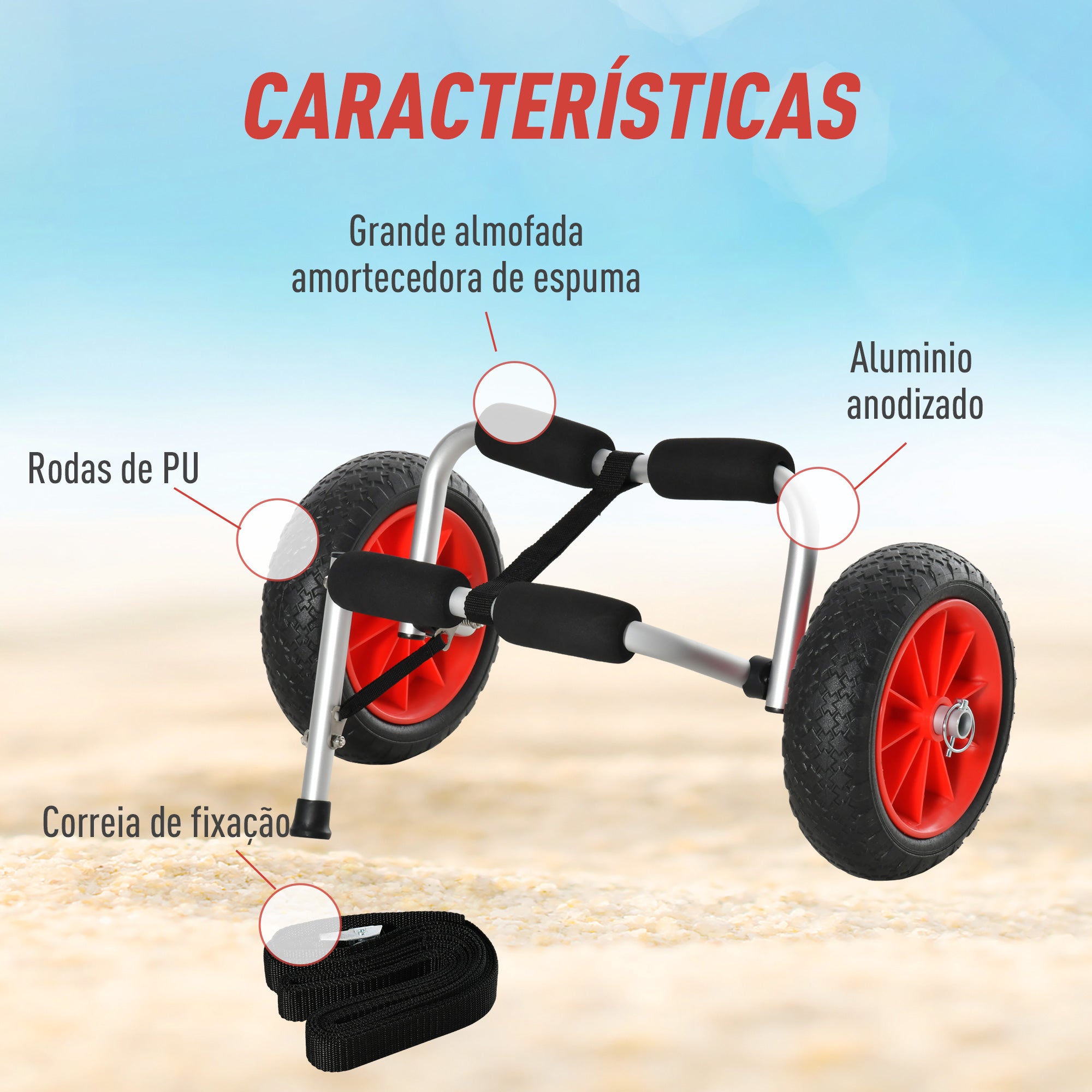 Carro de Transporte Dobrável para Kayak - Vermelho e Preto - 62x35x30cm