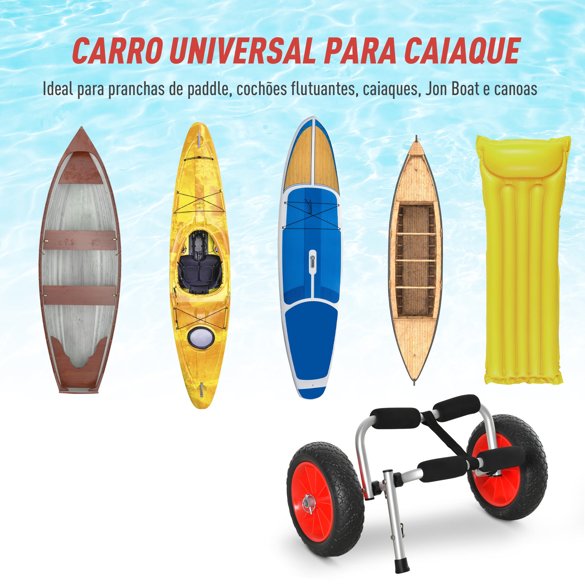 Carro de Transporte Dobrável para Kayak - Vermelho e Preto - 62x35x30cm