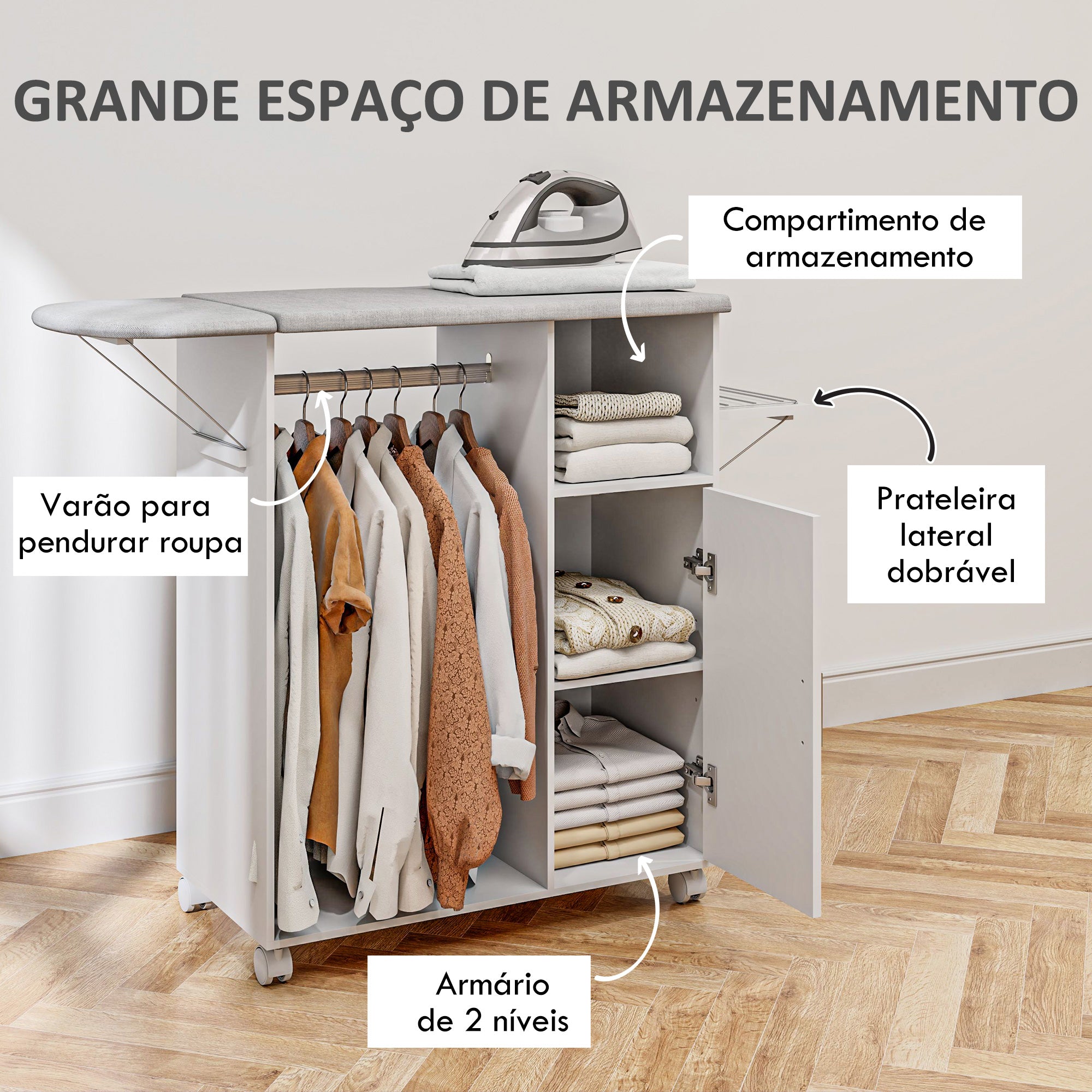 Móvel de Engomar Branco 107x42,5x99 cm - Prateleira Aberta e Tábua Dobrável