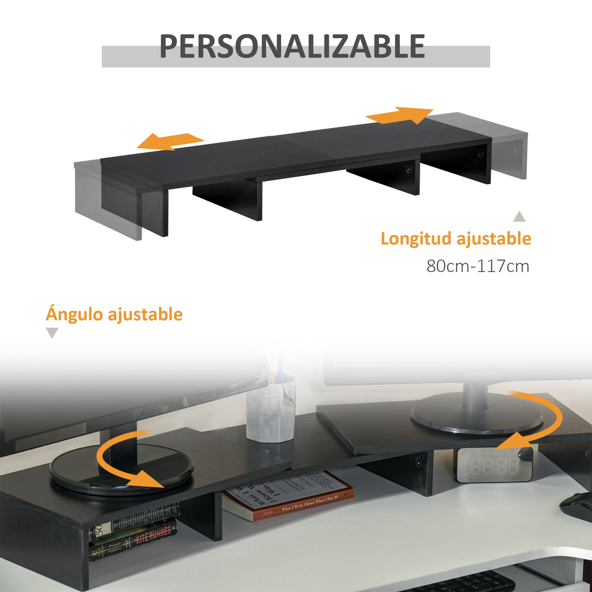 Suporte Elevado Ajustável para 2 Monitores Notebook 117x23.5x10cm Preto