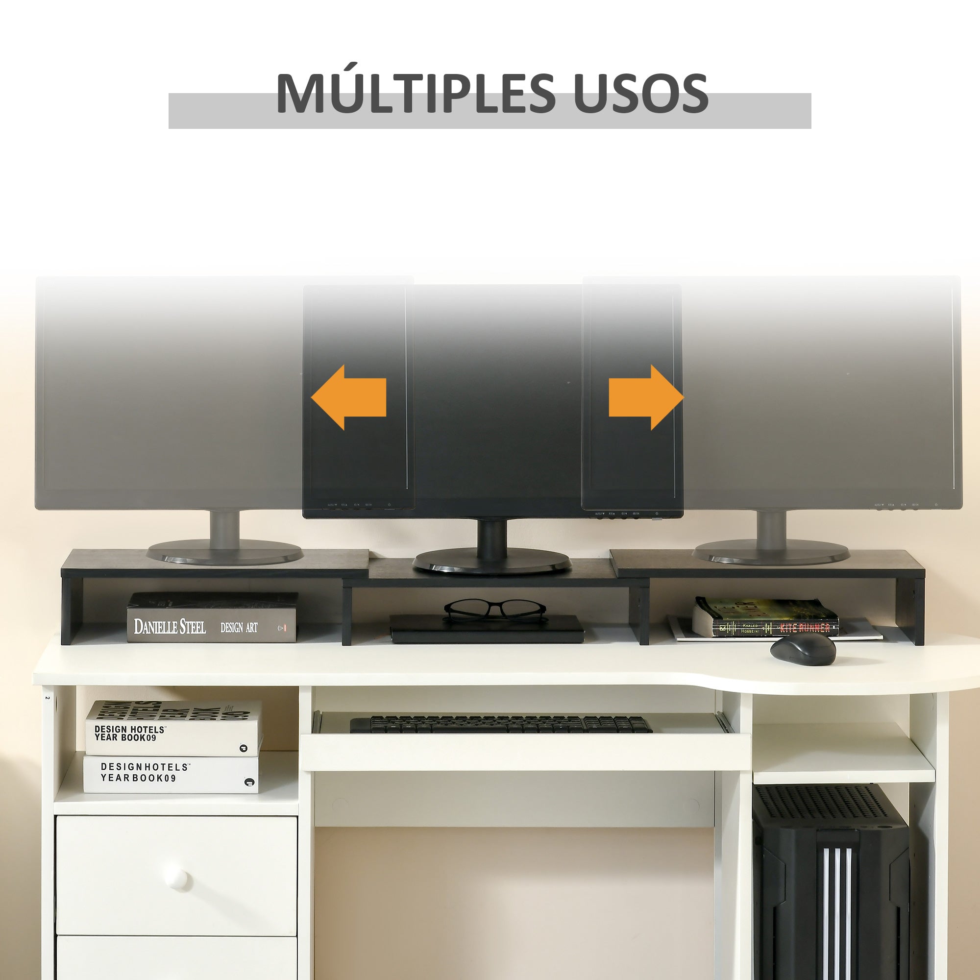 Suporte Elevado Ajustável para 2 Monitores Notebook 117x23.5x10cm Preto