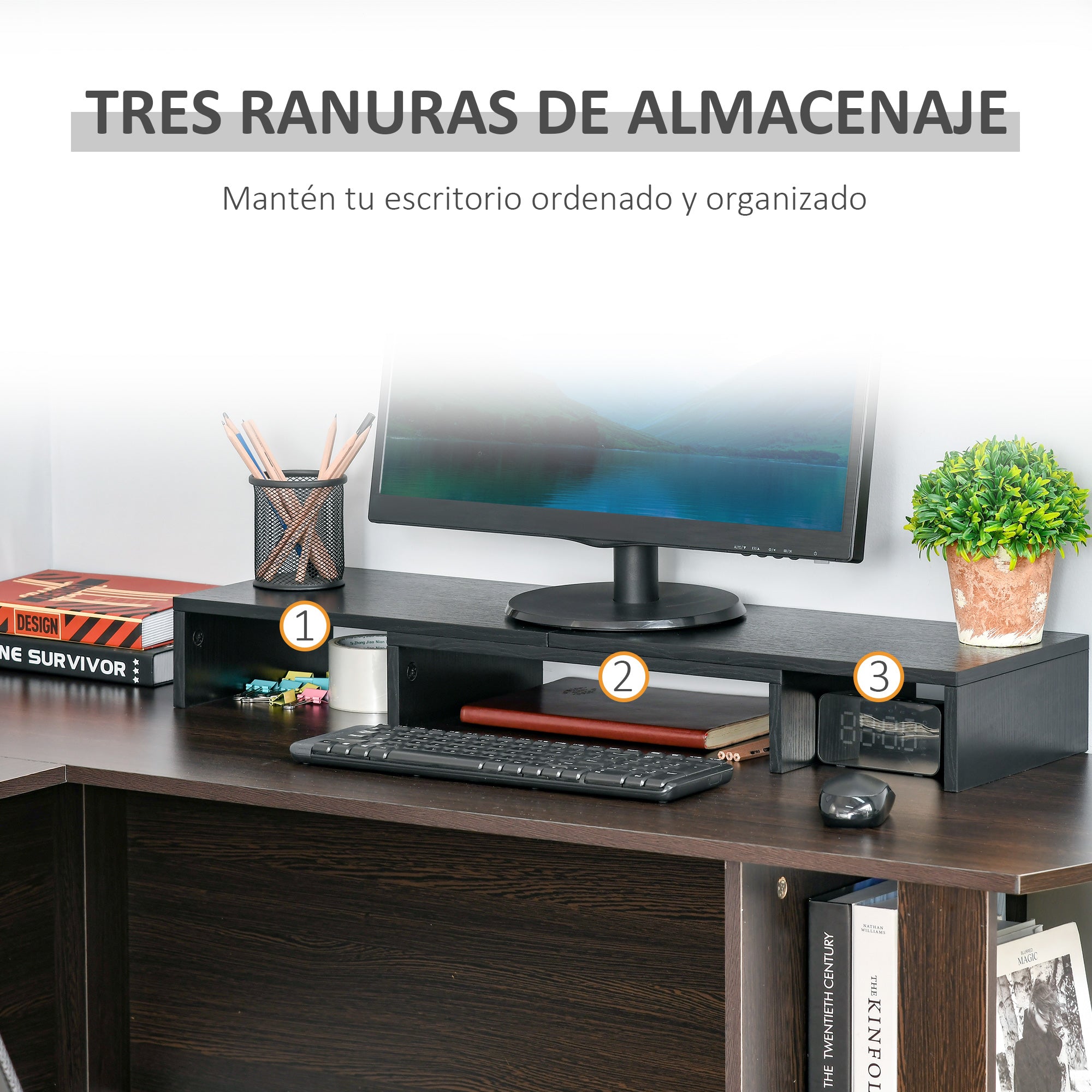 Suporte Elevado Ajustável para 2 Monitores Notebook 117x23.5x10cm Preto