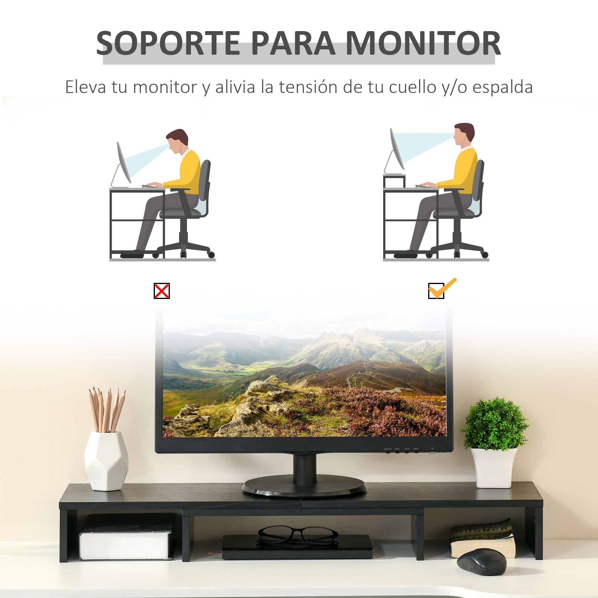 Suporte Elevado Ajustável para 2 Monitores Notebook 117x23.5x10cm Preto