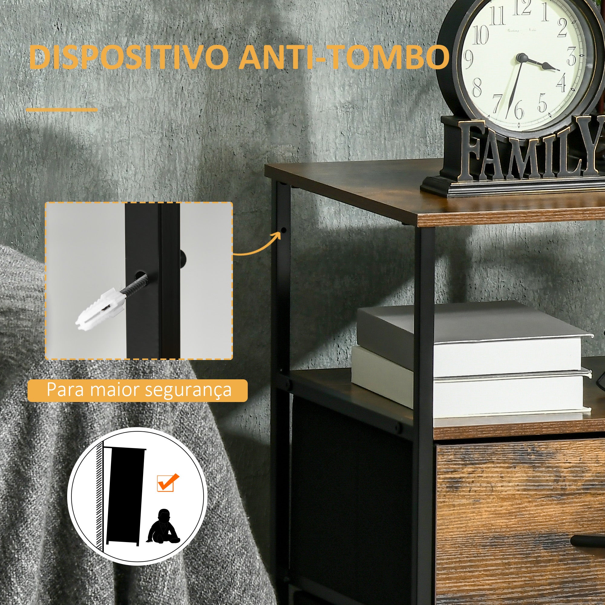 Mesa Auxiliar com 2 Gavetas Dobráveis e Prateleira Aberta 45x40x70,5 cm - Castanho Rústico