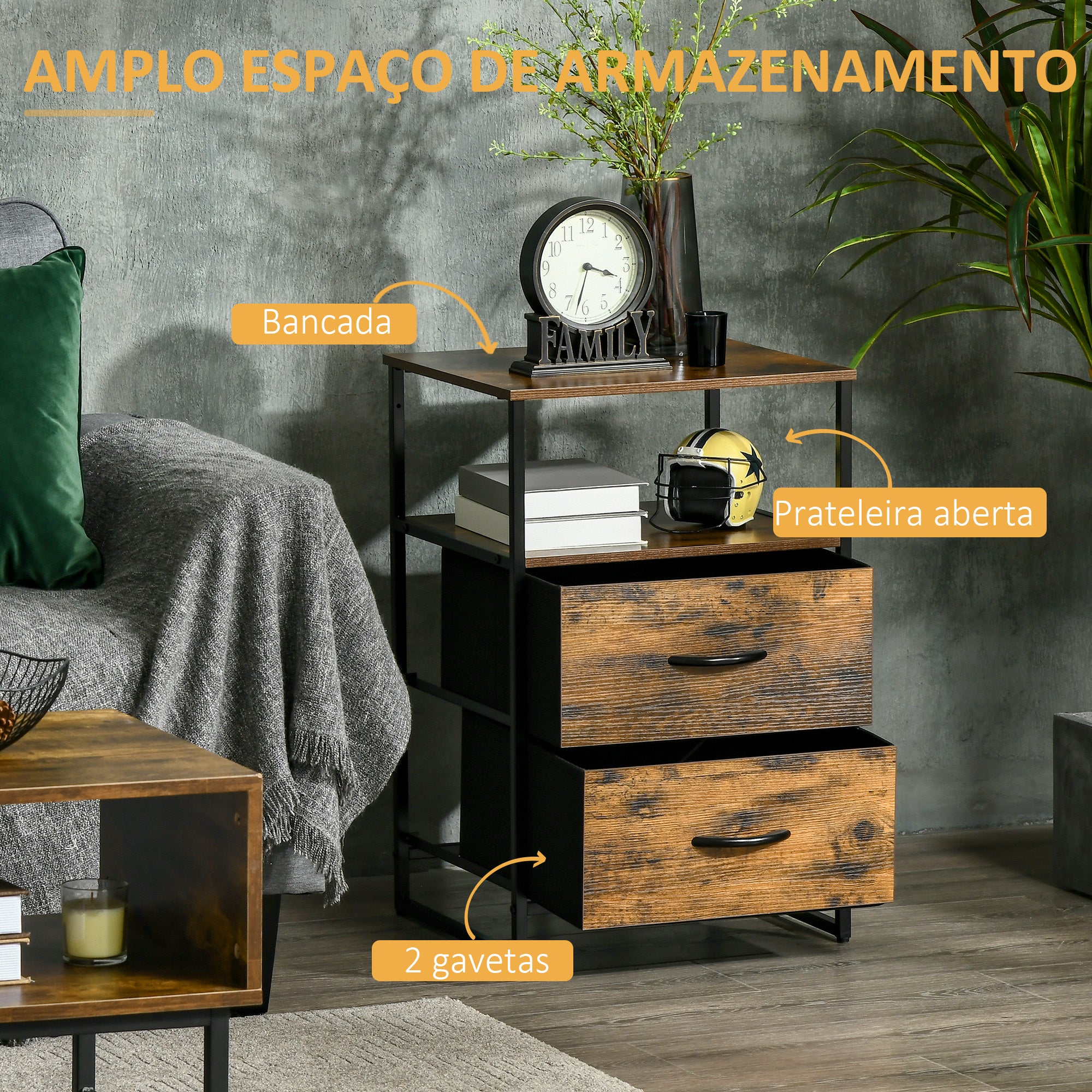 Mesa Auxiliar com 2 Gavetas Dobráveis e Prateleira Aberta 45x40x70,5 cm - Castanho Rústico