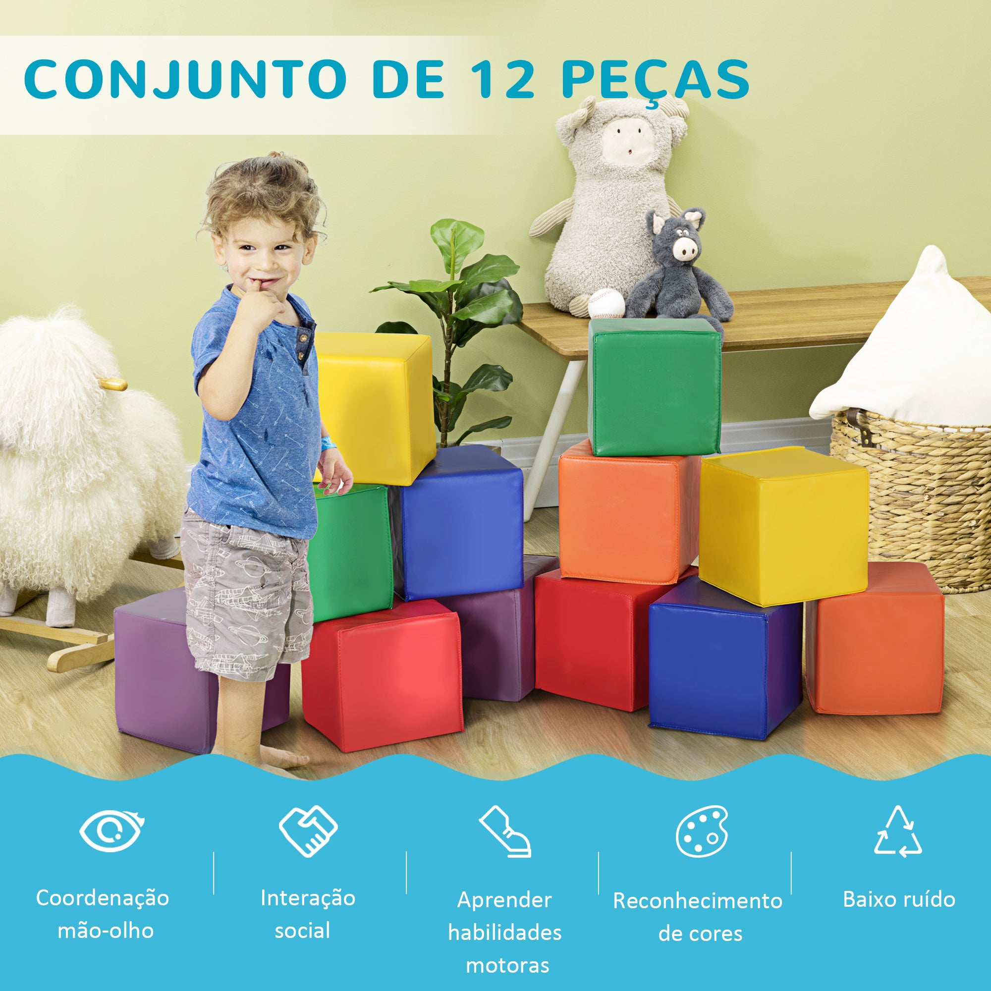 Conjunto de 12 Blocos de Construção Multicor 20x20x20 cm para Estimulação Psicomotora