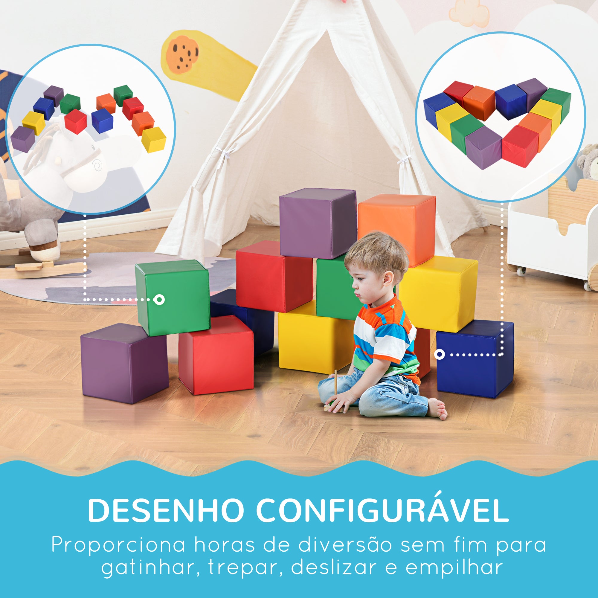 Conjunto de 12 Blocos de Construção Multicor 20x20x20 cm para Estimulação Psicomotora