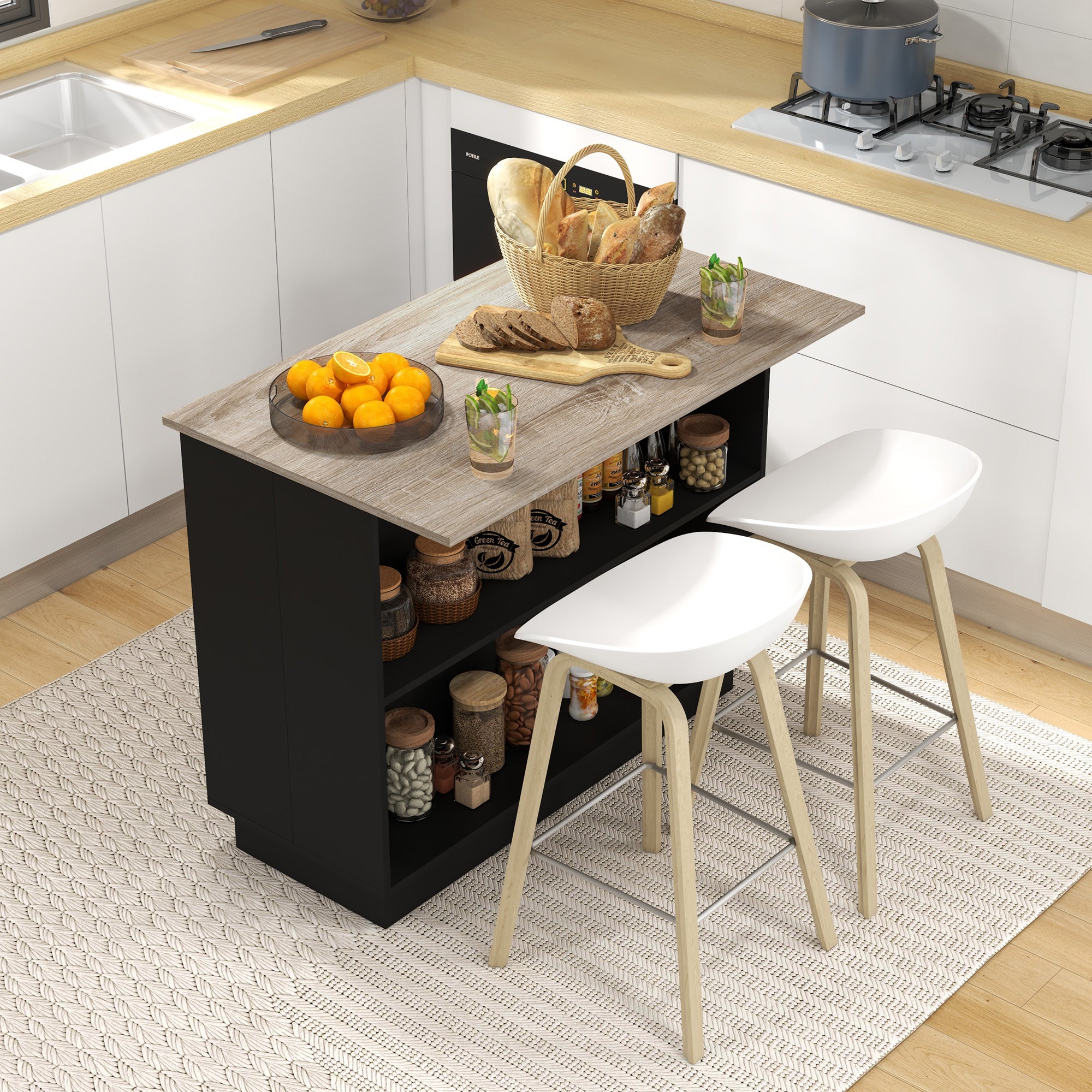 Ilha de Cozinha com 2 Prateleiras Abertas e 2 Portas - 105x60x82 cm - Preto e Carvalho