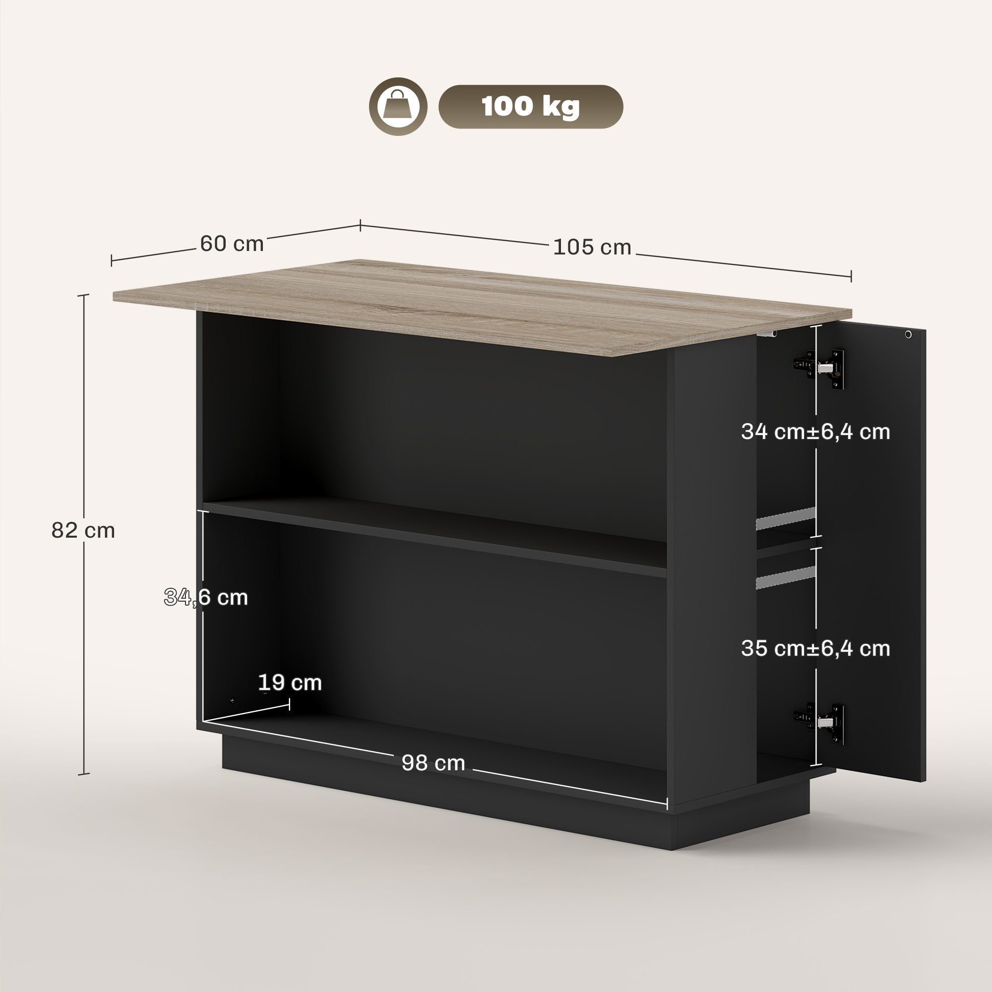 Ilha de Cozinha com 2 Prateleiras Abertas e 2 Portas - 105x60x82 cm - Preto e Carvalho