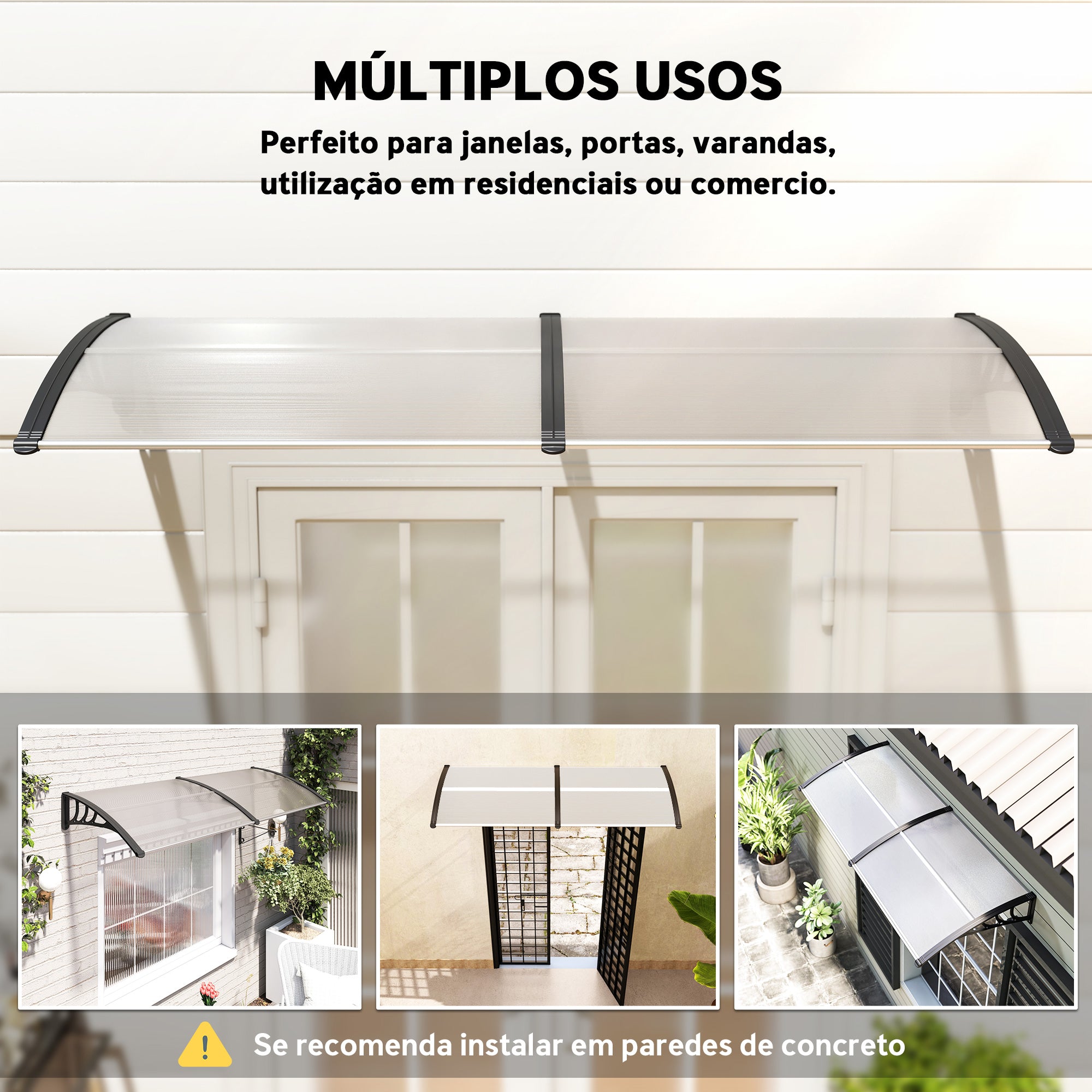 Marquise para Portas e Janelas 195x75x23 cm - Transparente e Preto