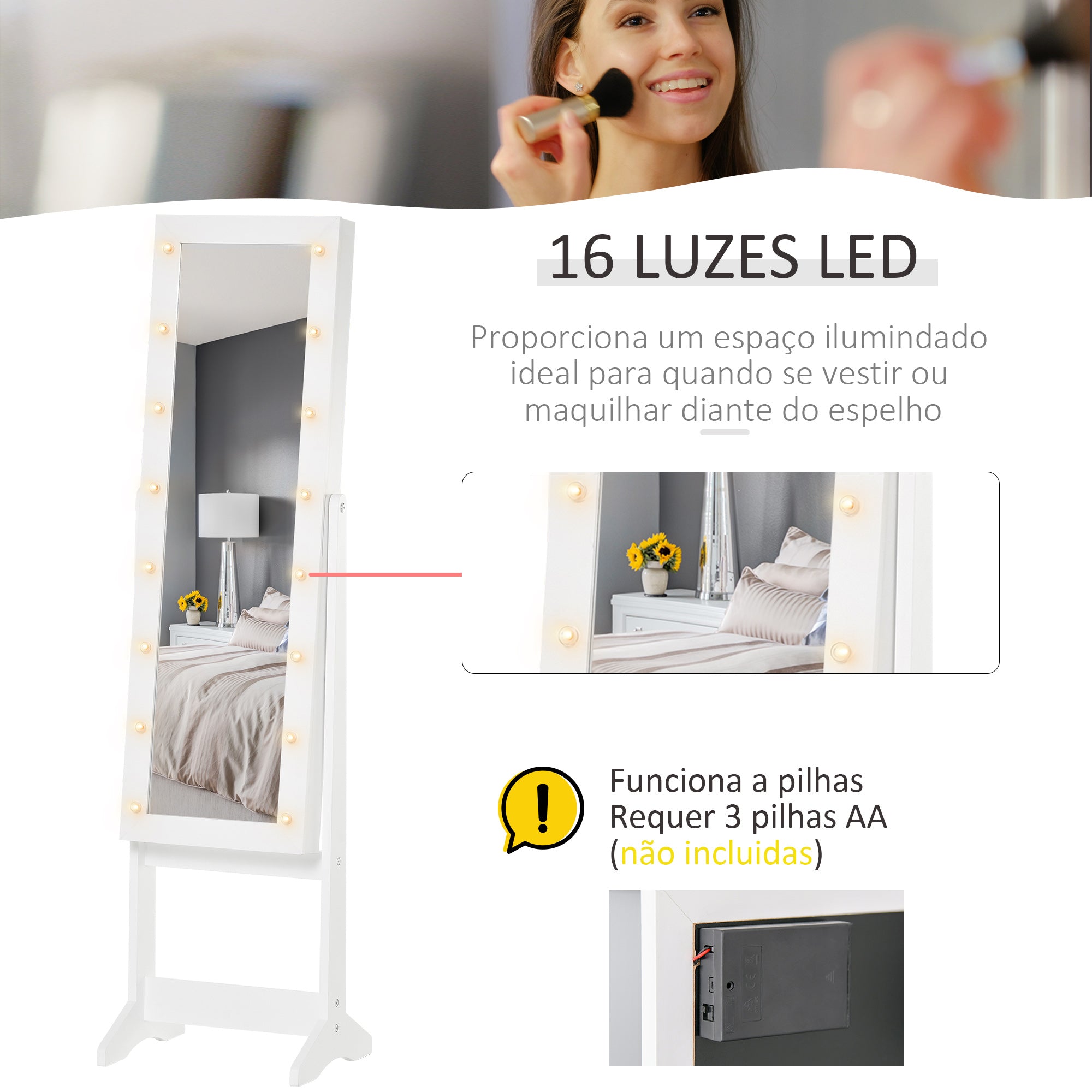 Joalheiro de Pé com Espelho e Luzes LED 36x30x136 cm - Branco
