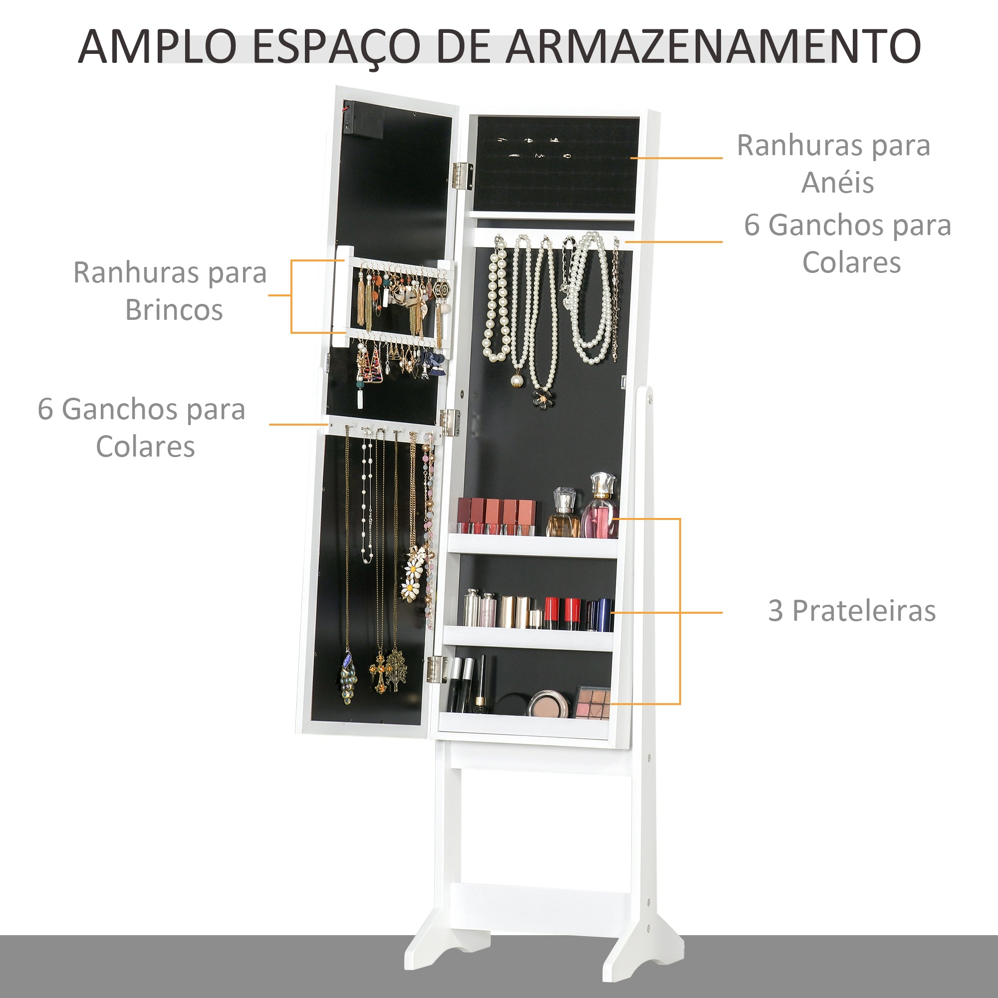 Joalheiro de Pé com Luzes LED e Espelho 36x30x136 cm - Branco