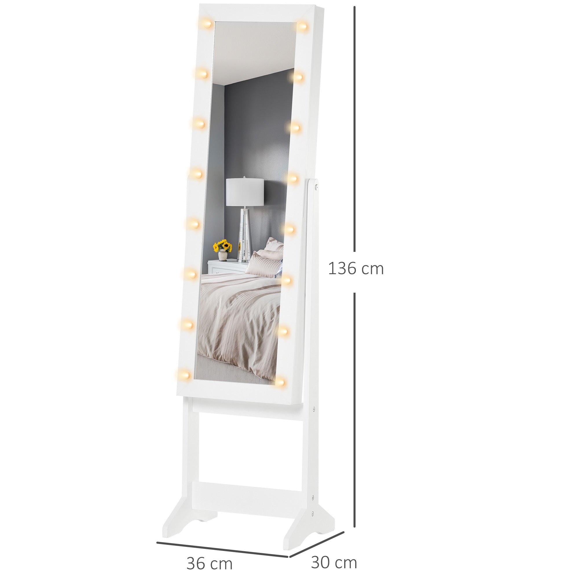 Joalheiro de Pé com Espelho e Luzes LED 36x30x136 cm - Branco