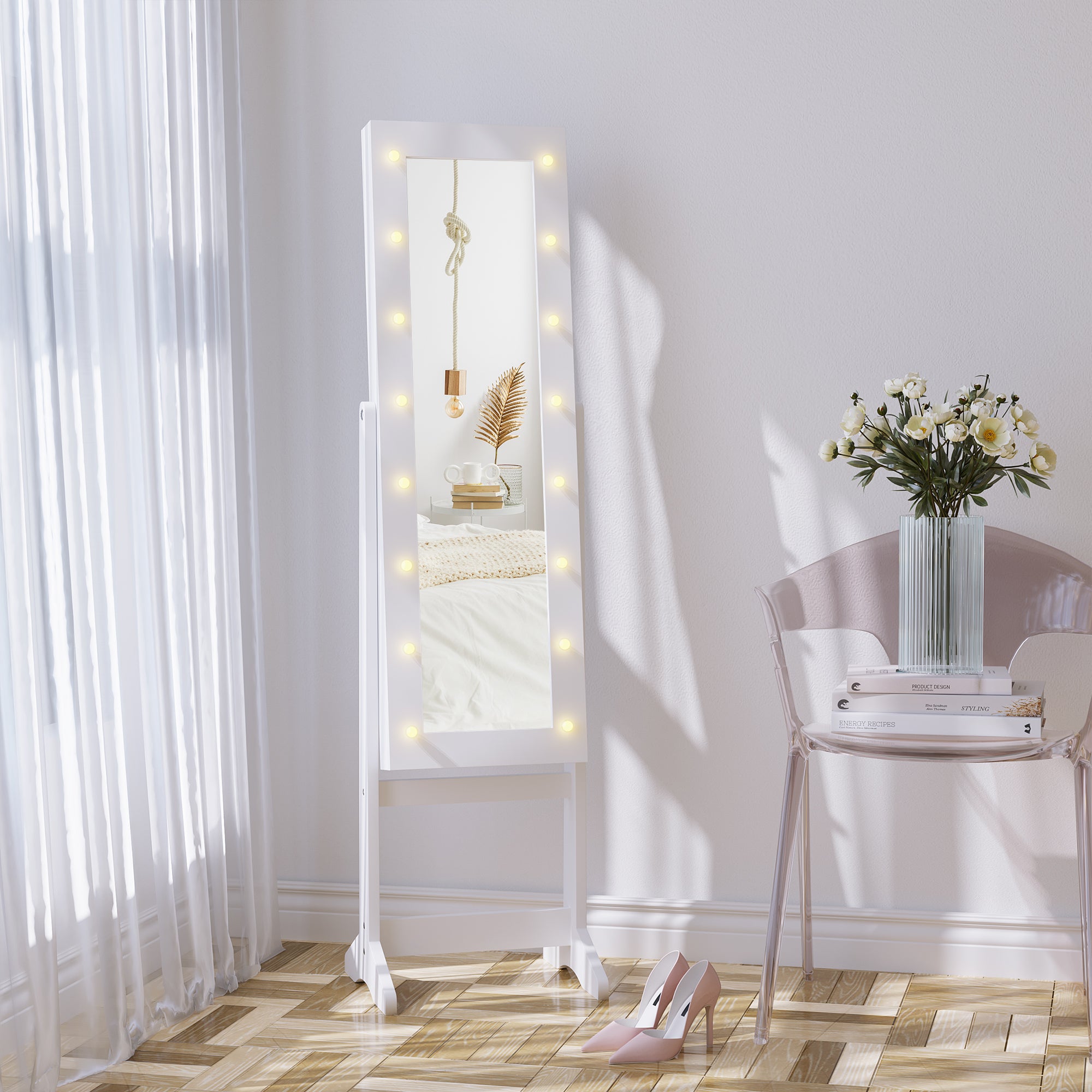 Joalheiro de Pé com Espelho e Luzes LED 36x30x136 cm - Branco