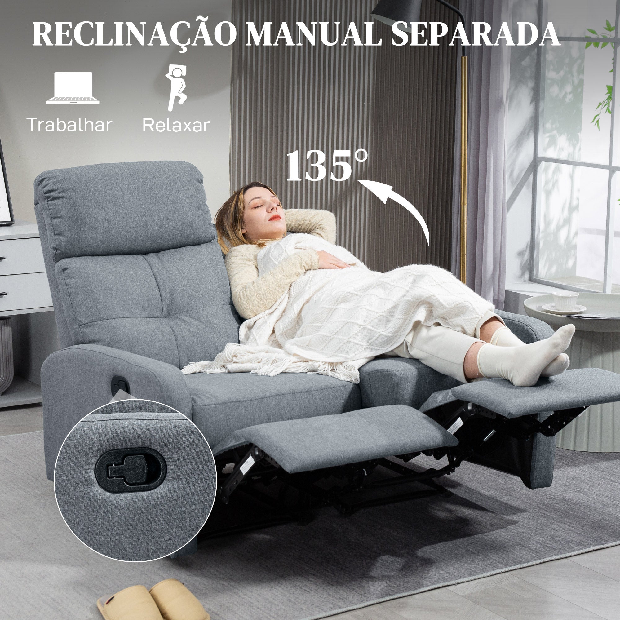 Sofá de 2 Lugares Reclinável 118x95x101 cm Cinzento