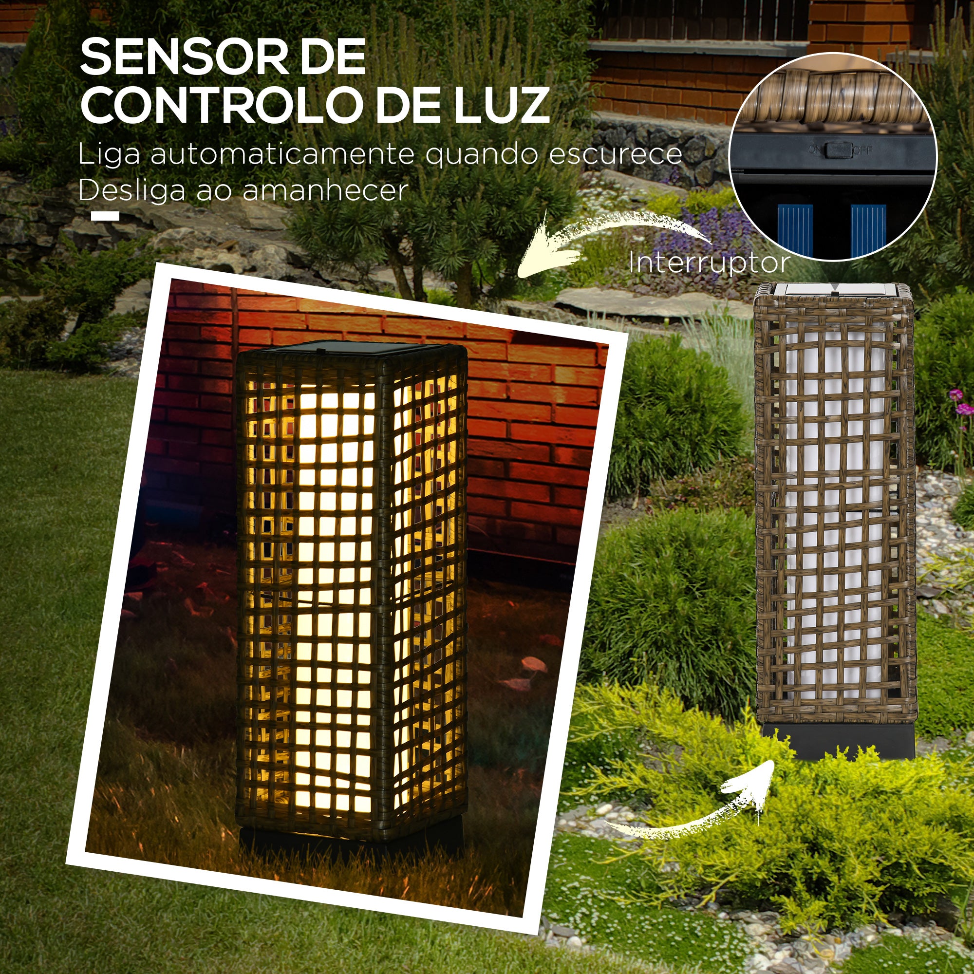 Candeeiro Solar para Exterior em Vime Sintético Marrom Areia 15,5x15,5x46cm