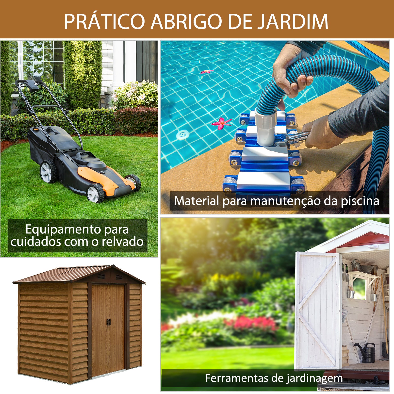 Abrigo de Jardim Metálico 152x235,7x208,7 cm - Madeira e Marrom