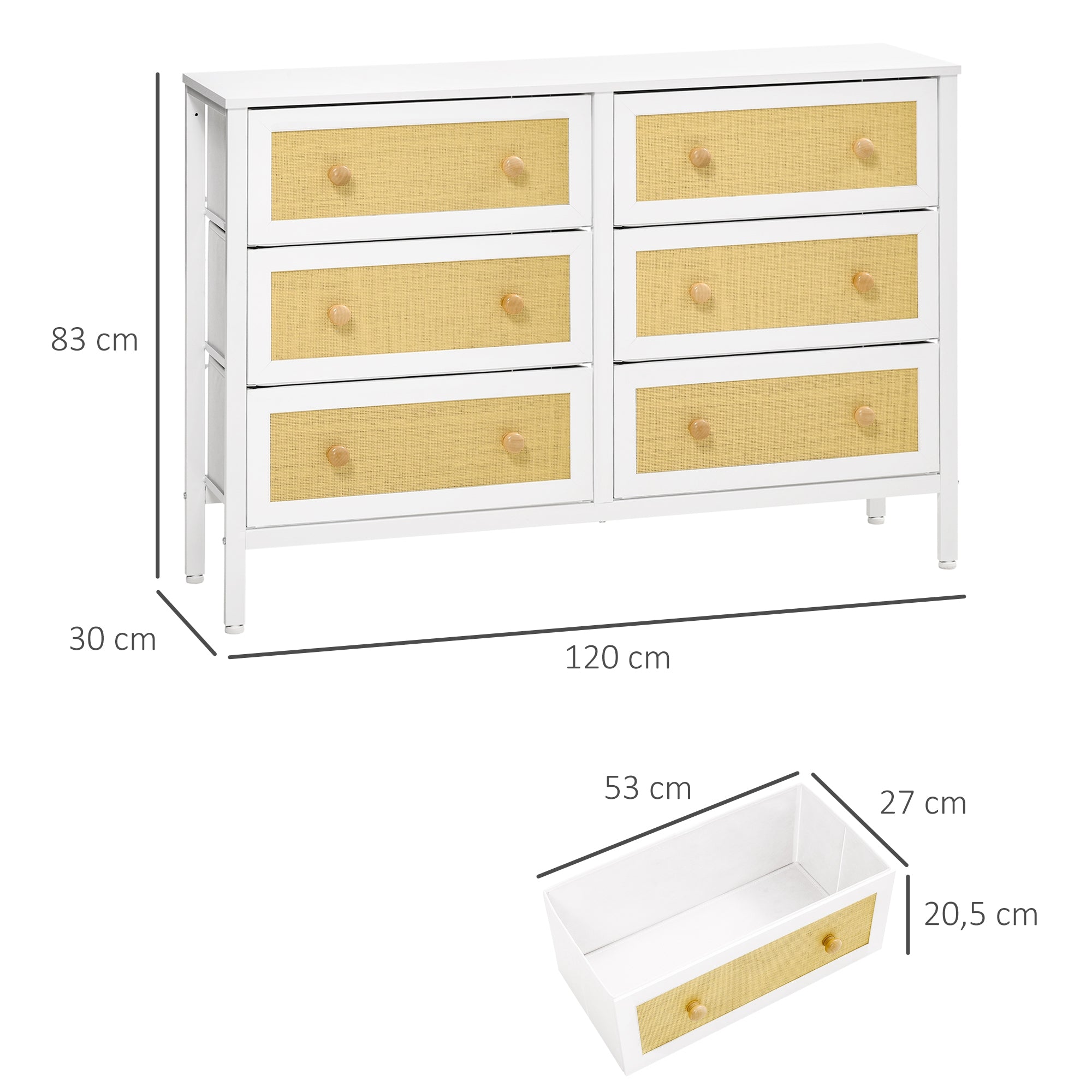 Cómoda Moderna 6 Gavetas – 120x30x83 cm – Branco – MDF/Metal/Tecido
