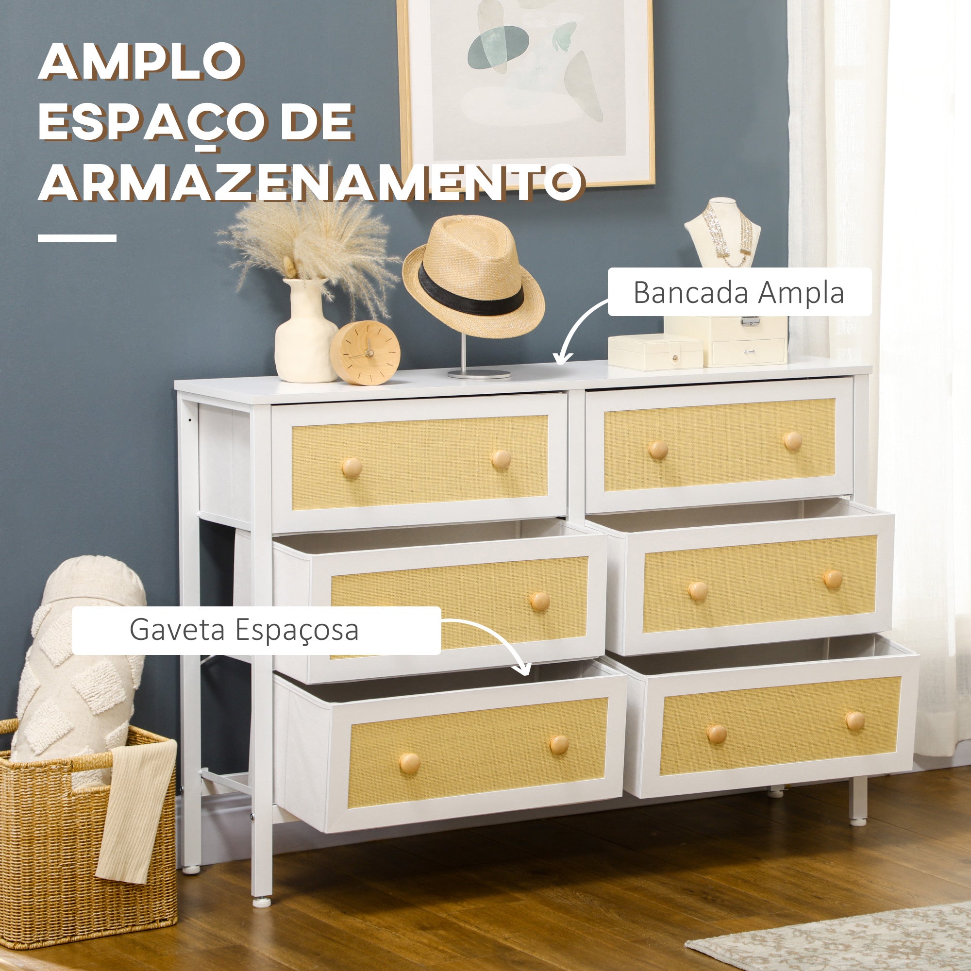 Cómoda Moderna 6 Gavetas – 120x30x83 cm – Branco – MDF/Metal/Tecido
