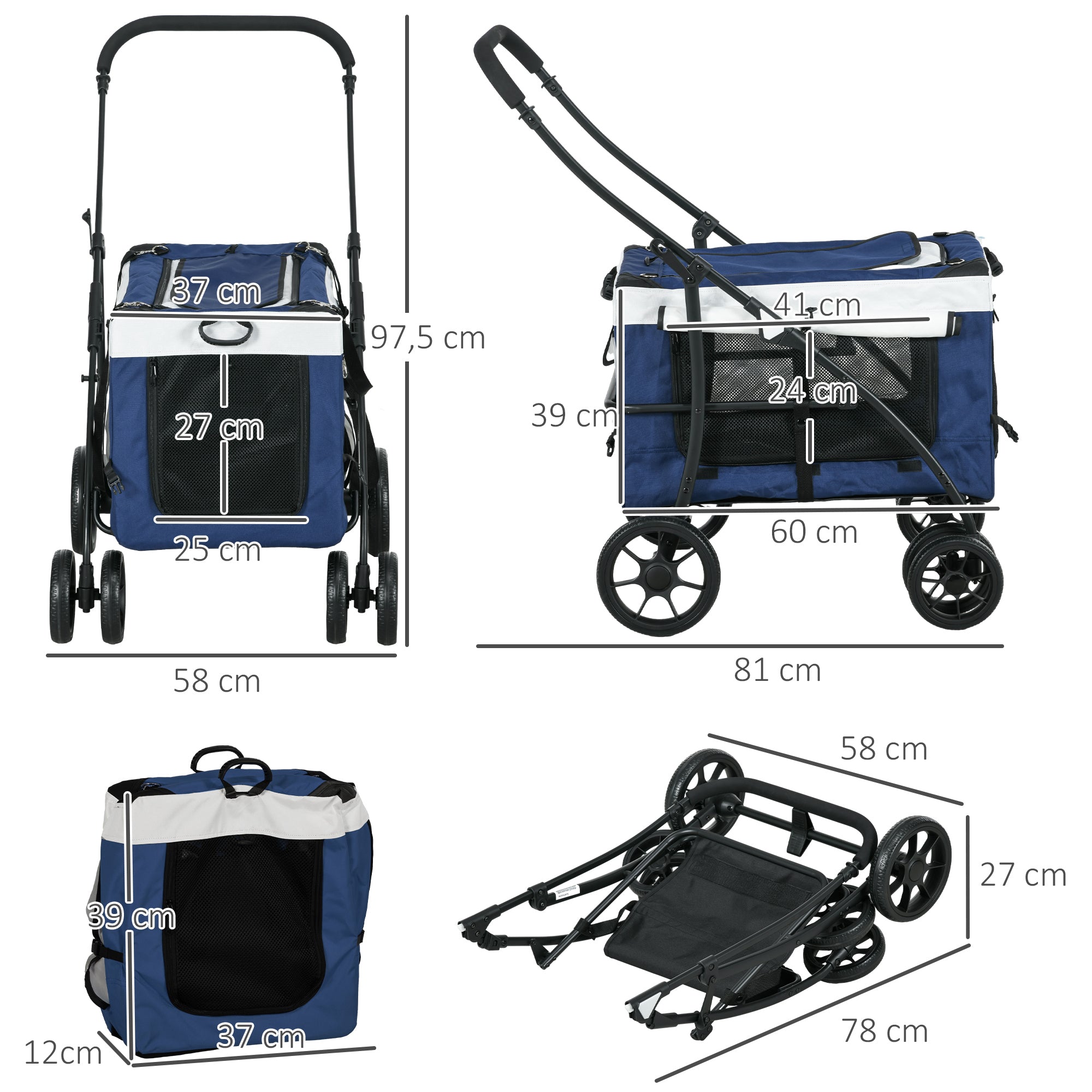 Carrinho para Animais de Estimação Dobrável Azul 81x58x97,5 cm