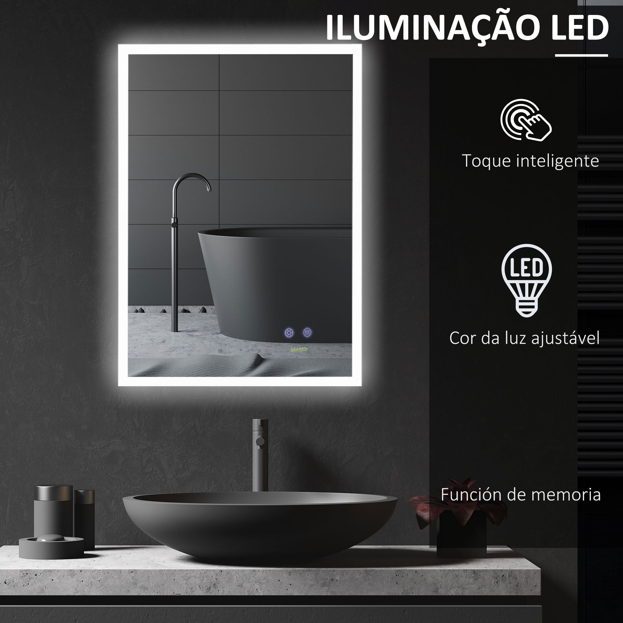 Espelho Casa de Banho LED 70x50cm Prata - Controlo de Toque e Função Anti-Embaciamento