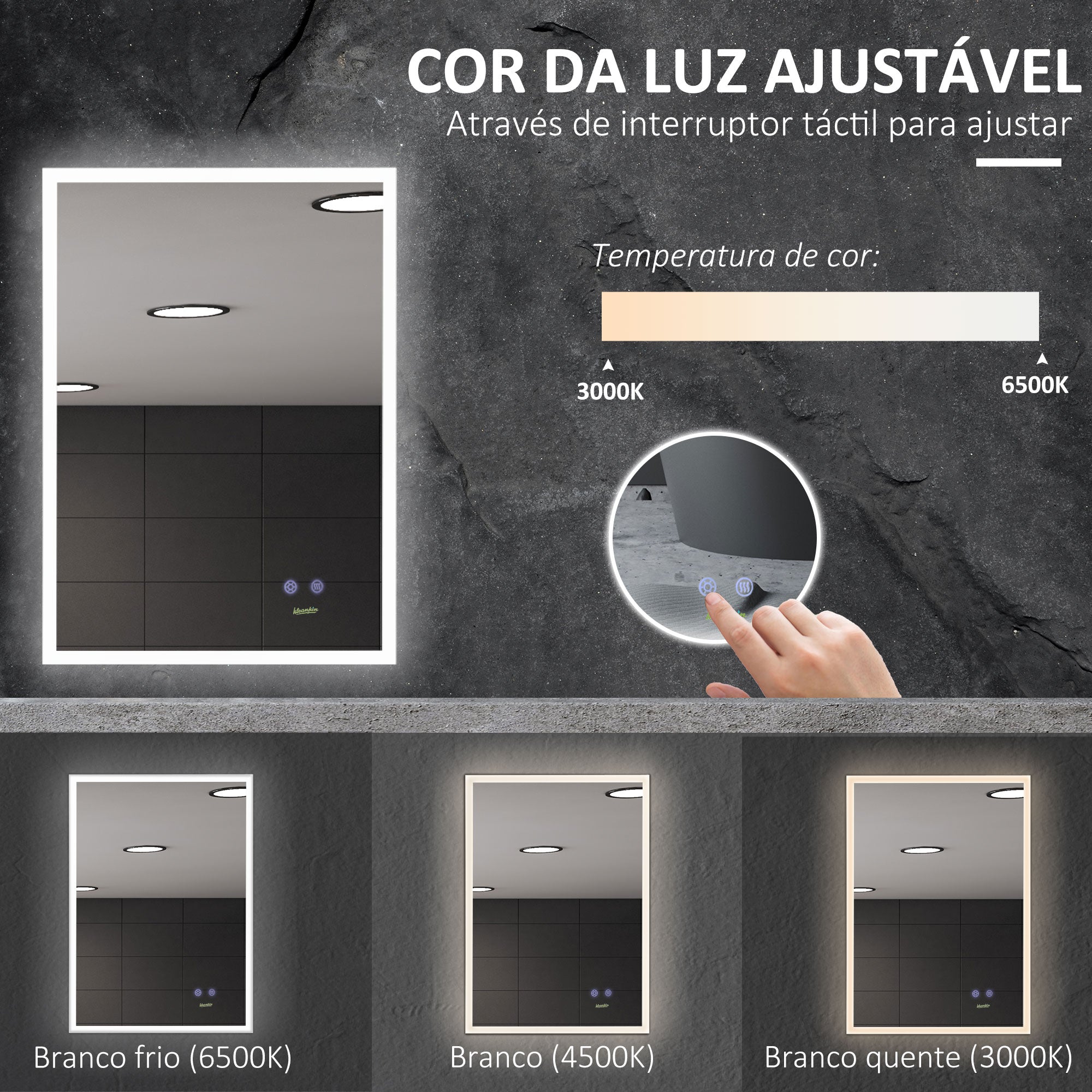 Espelho Casa de Banho LED 70x50cm Prata - Controlo de Toque e Função Anti-Embaciamento