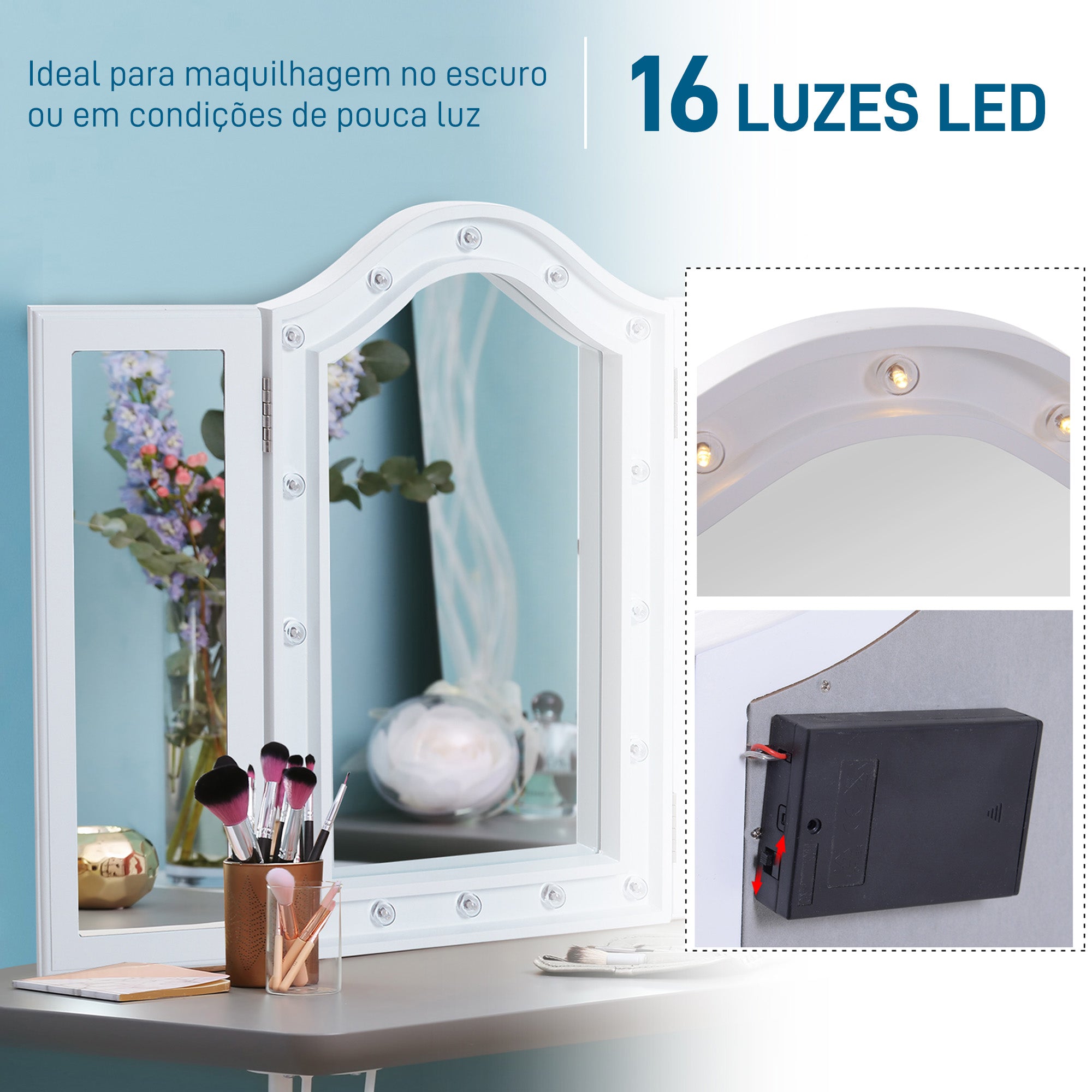 Espelho de Maquilhagem Triplo com Luz LED - 73x53,5x4,5cm - Branco