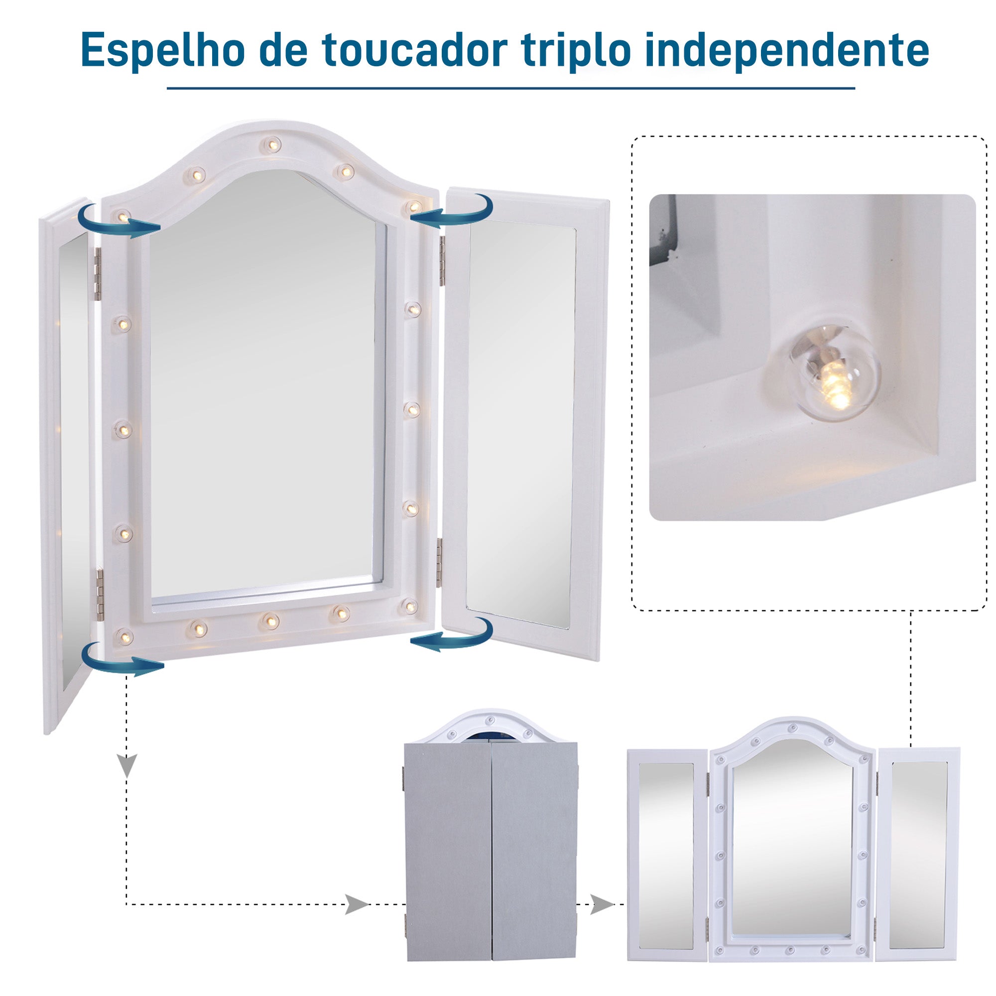 Espelho de Maquilhagem Triplo com Luz LED - 73x53,5x4,5cm - Branco