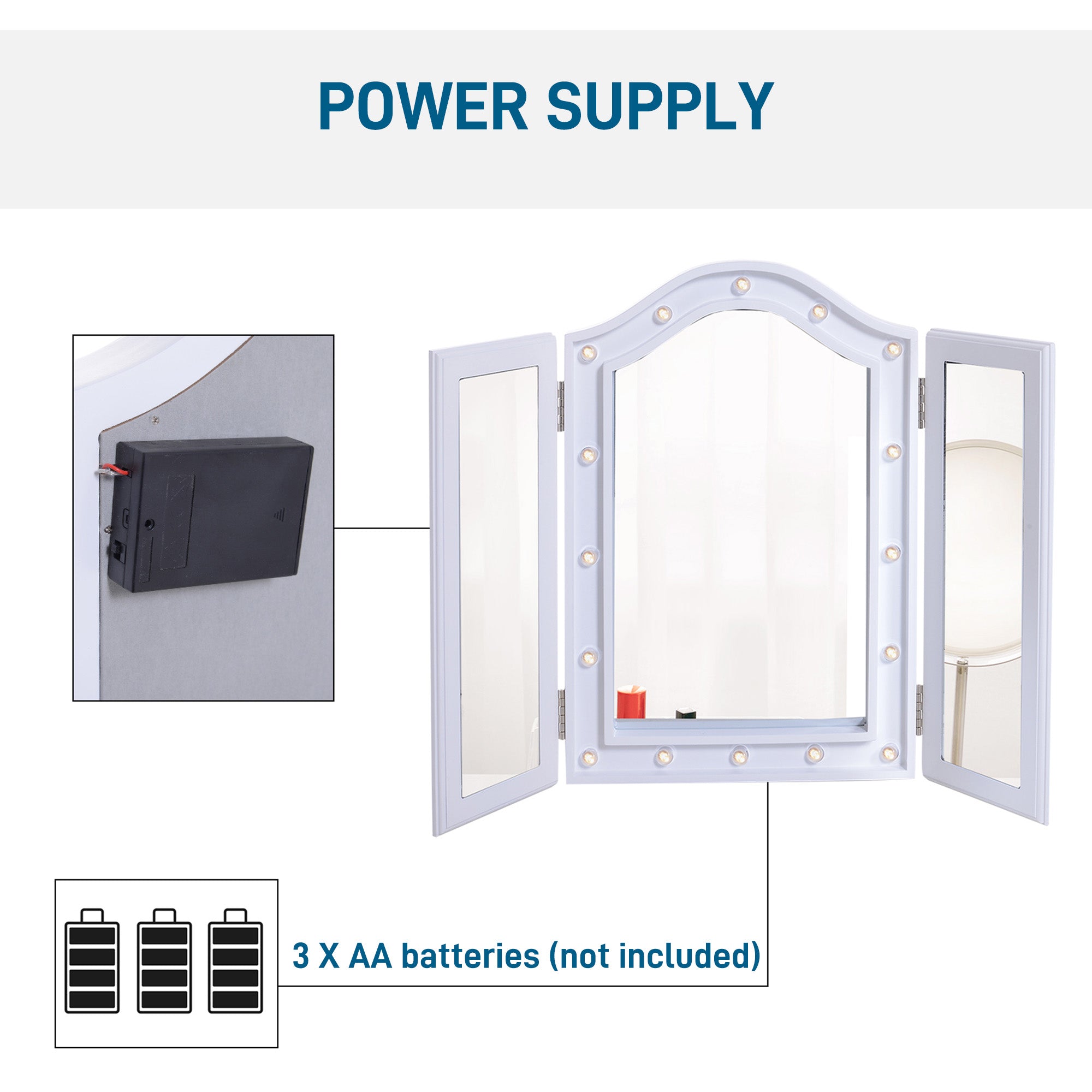 Espelho de Maquilhagem Triplo com Luz LED - 73x53,5x4,5cm - Branco