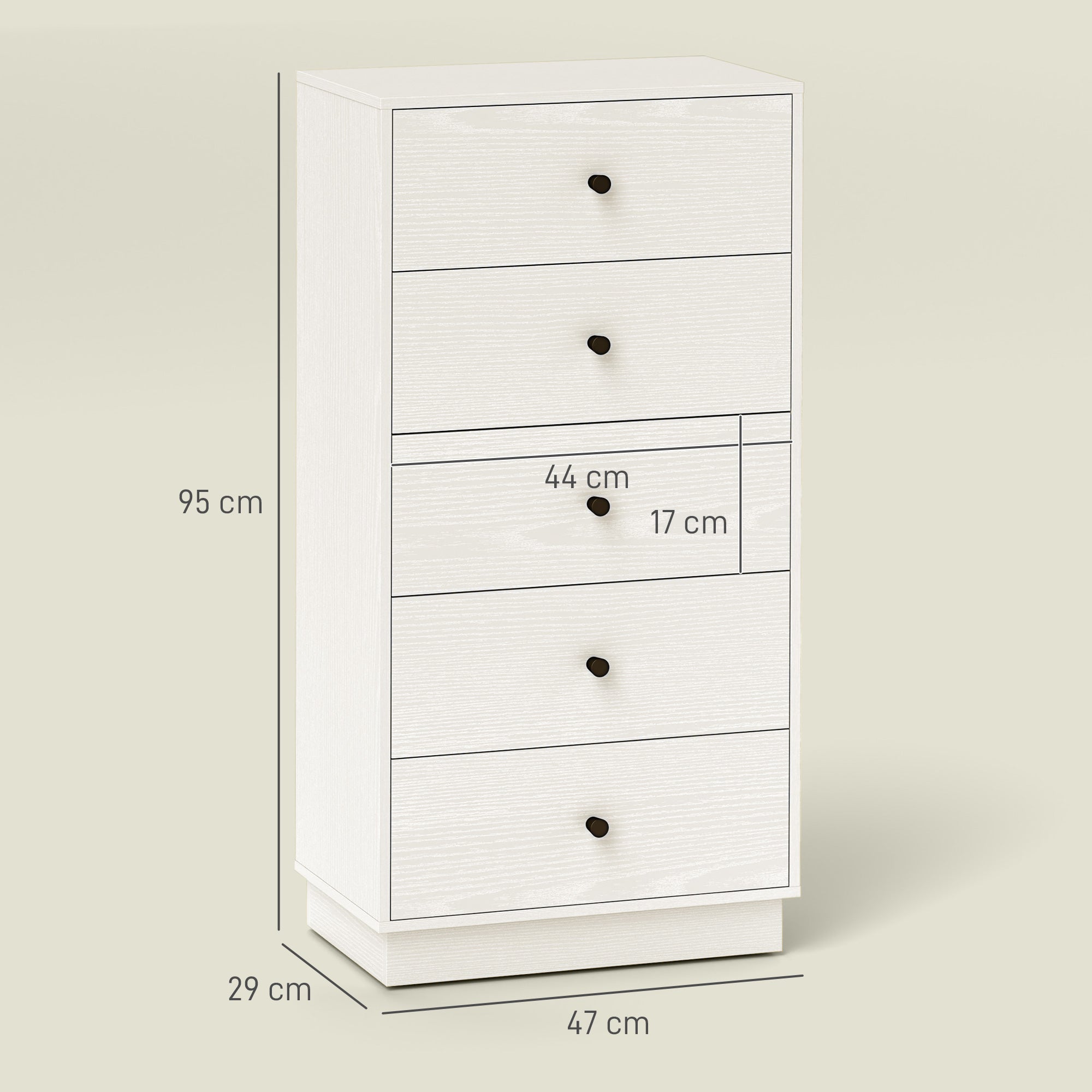 Cómoda Estreita com 5 Gavetas 47x29x95 cm - Branco