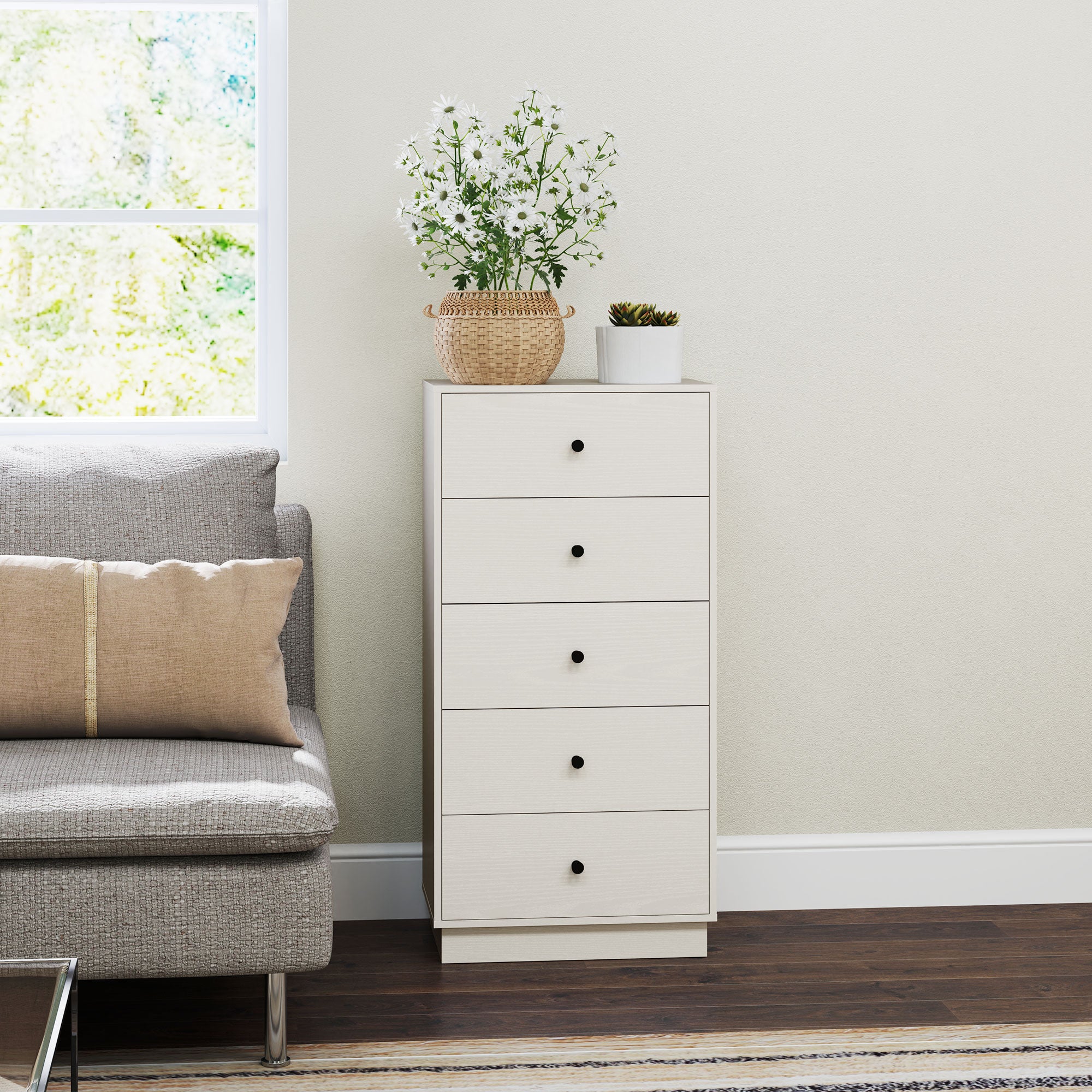 Cómoda Estreita com 5 Gavetas 47x29x95 cm - Branco