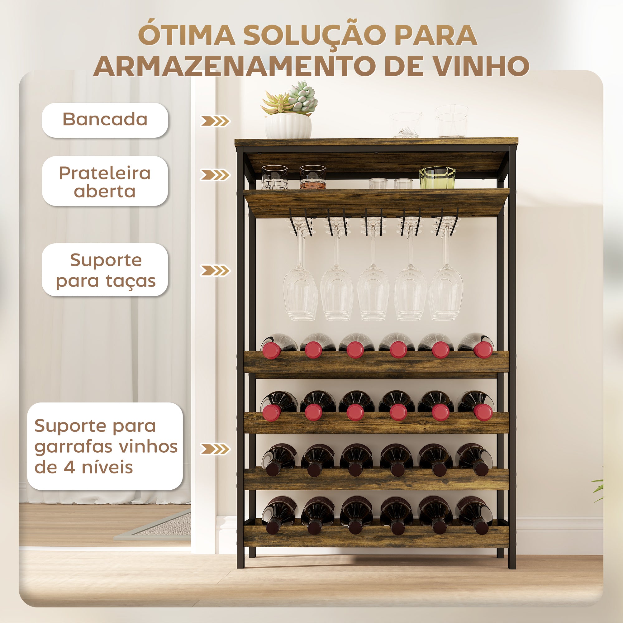 Suporte para Vinho para 24 Garrafas Estilo Industrial 66x30x100,3 cm - Castanho Rústico