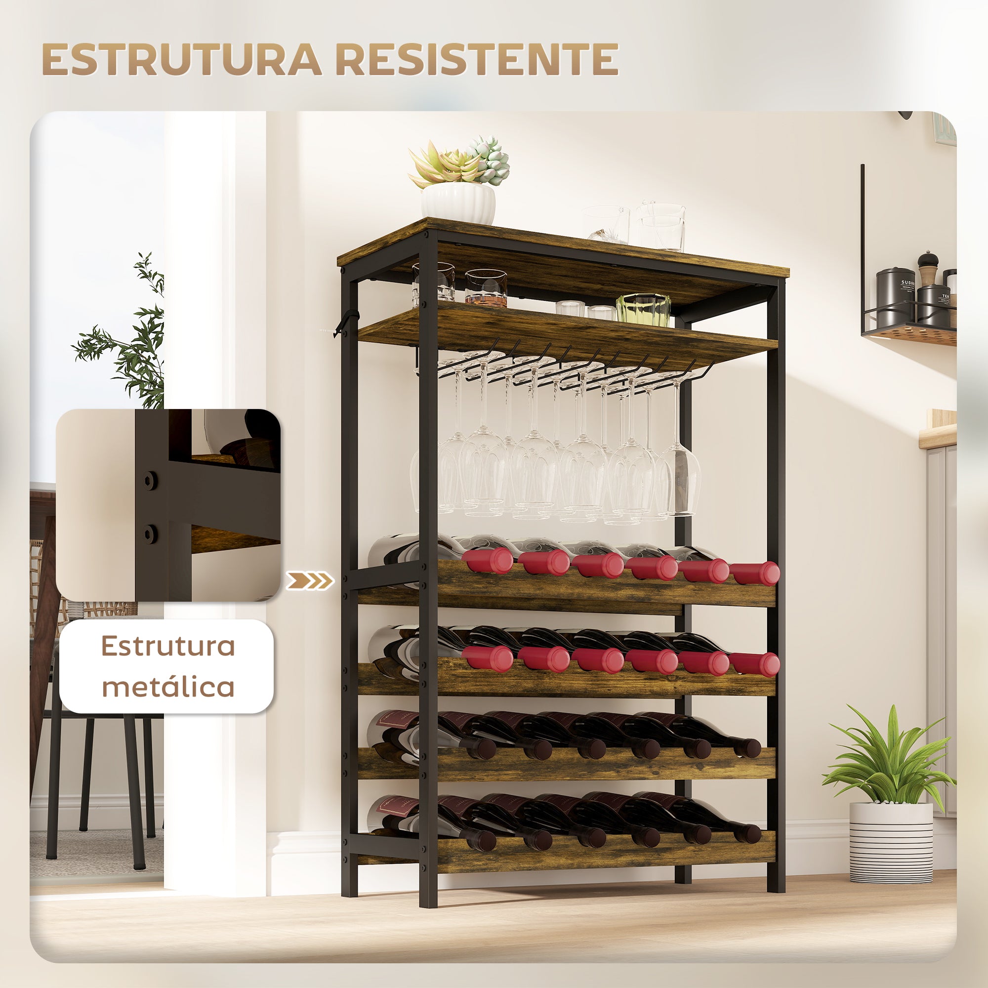 Suporte para Vinho para 24 Garrafas Estilo Industrial 66x30x100,3 cm - Castanho Rústico