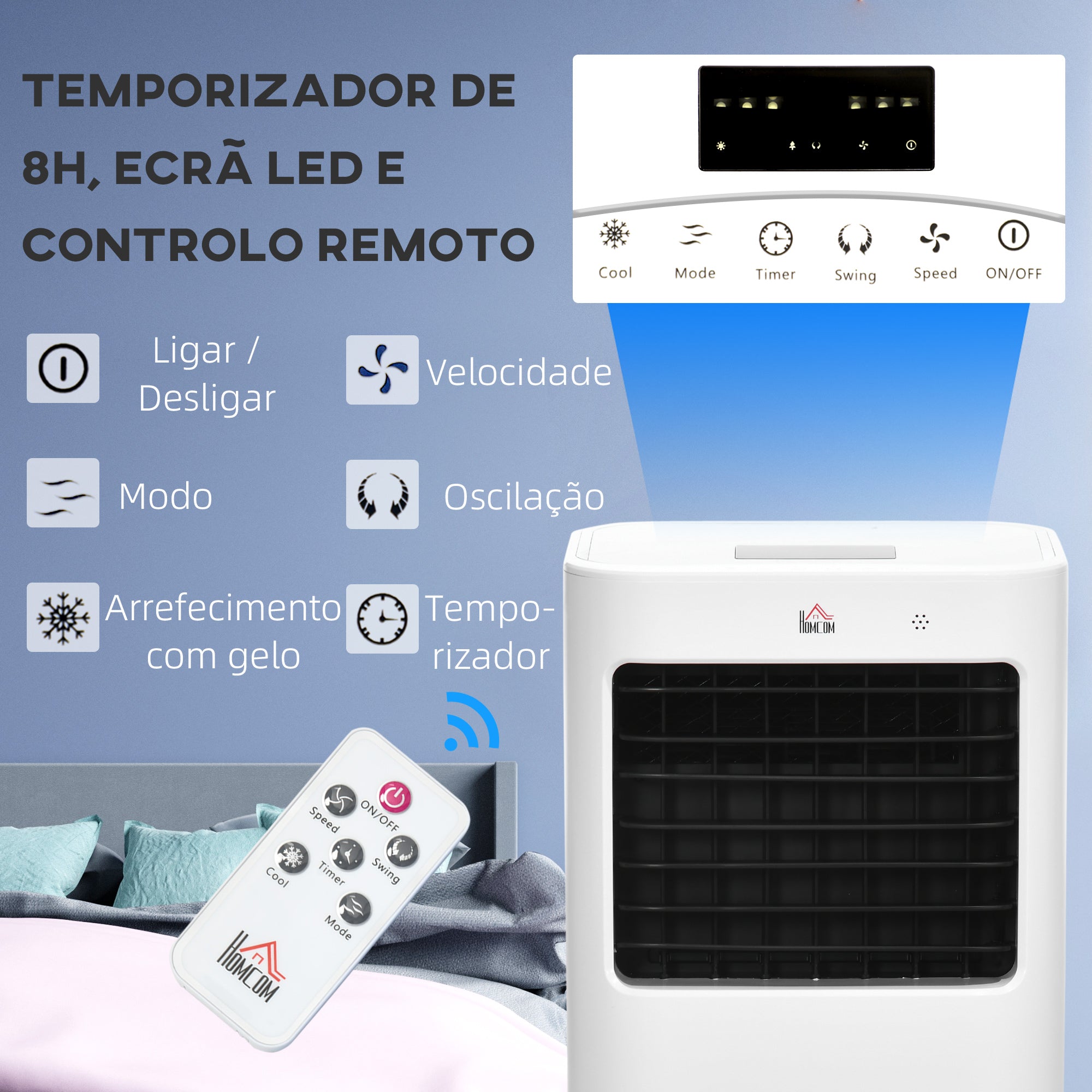 Climatizador Portátil Branco 32x37x74 cm - 3 Modos, 3 Velocidades, Controlo Remoto